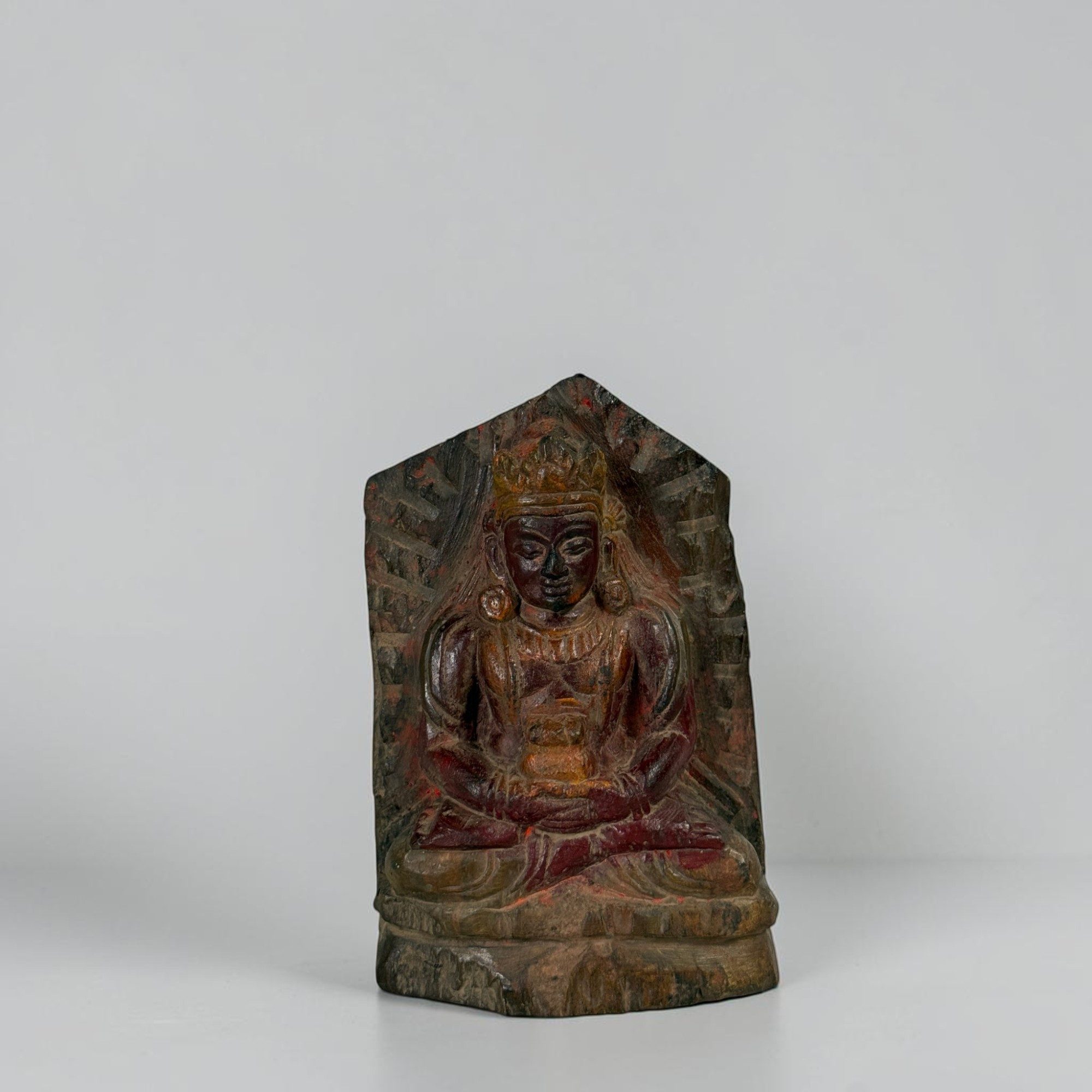 Asien LifeStyle Buddhafigur Alte Amitayus Buddha Figur Blackstone Nepal 14,5cm