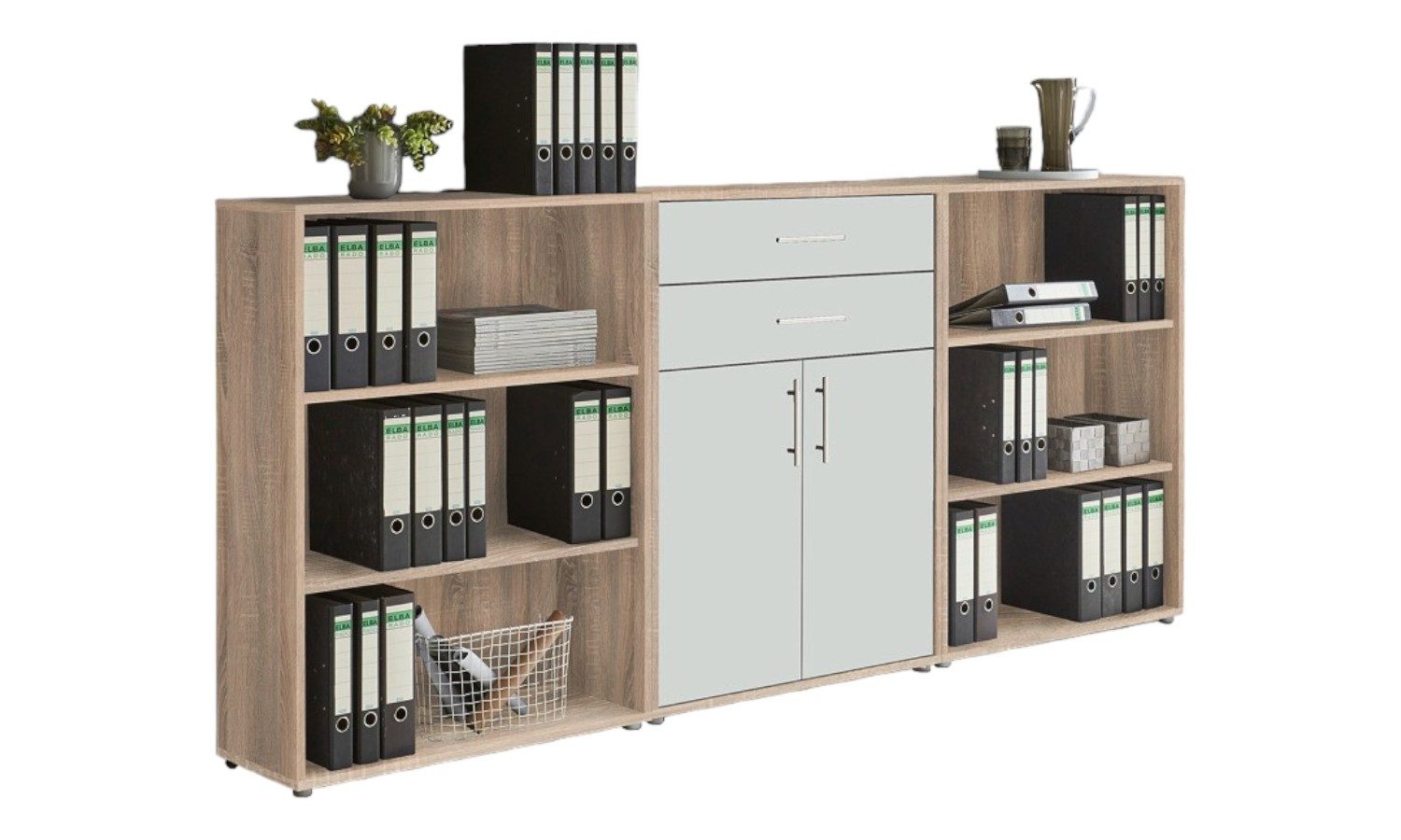 BMG Möbel Aktenschrank Office Edition Schrankwand 14 (3-teiliges Büro-Set, 2x Regal und Schubkastenschrank) Fronten Matt oder Glanz lackiert wählbar, Made in Germany