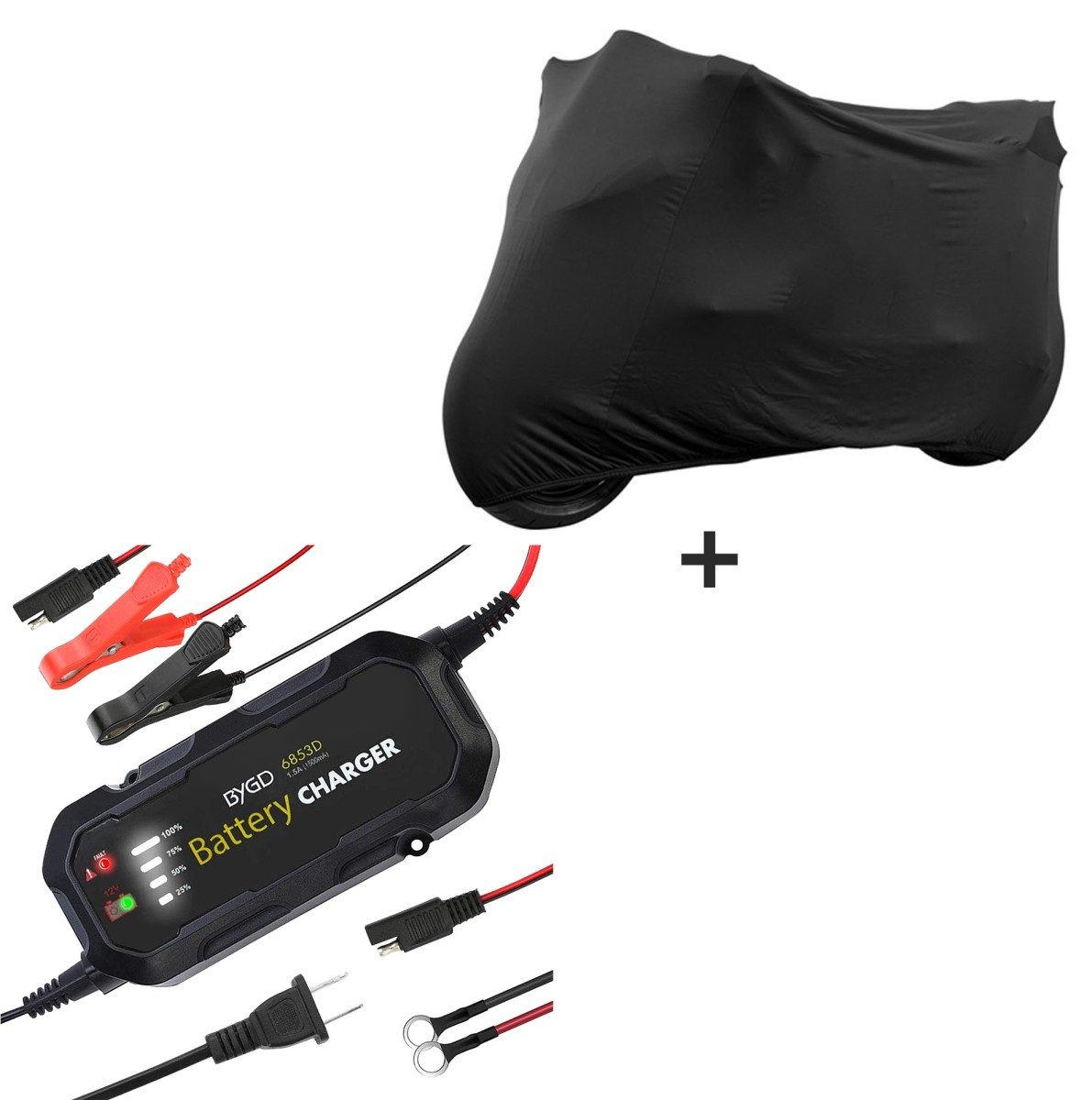 Set Motorrad Batterie Ladegerät + Abdeckplane Indoor M-L schwarz Autobatterie-Ladegerät