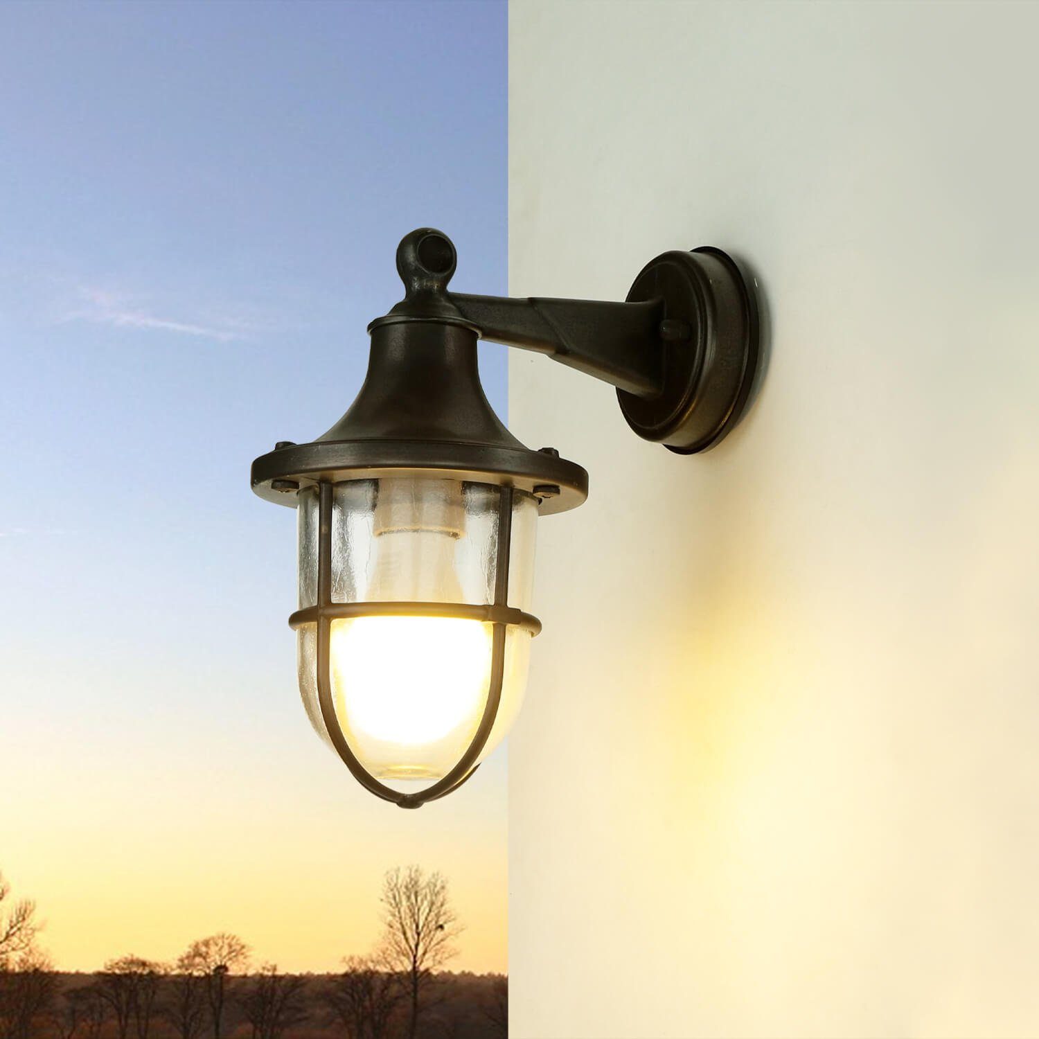 Messing E27 ohne Glas Maritim Außen-Wandleuchte antik Leuchtmittel, Schwarz IP64 SANTORIN, Licht-Erlebnisse HausGarten