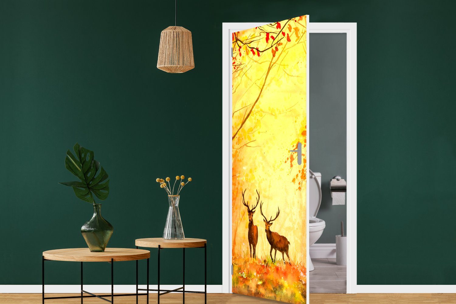 - Tiere - Tür, für Fototapete Herbst Ölfarbe Orange, St), Matt, cm Natur Hirsche Türaufkleber, bedruckt, - 75x205 MuchoWow Türtapete - - (1