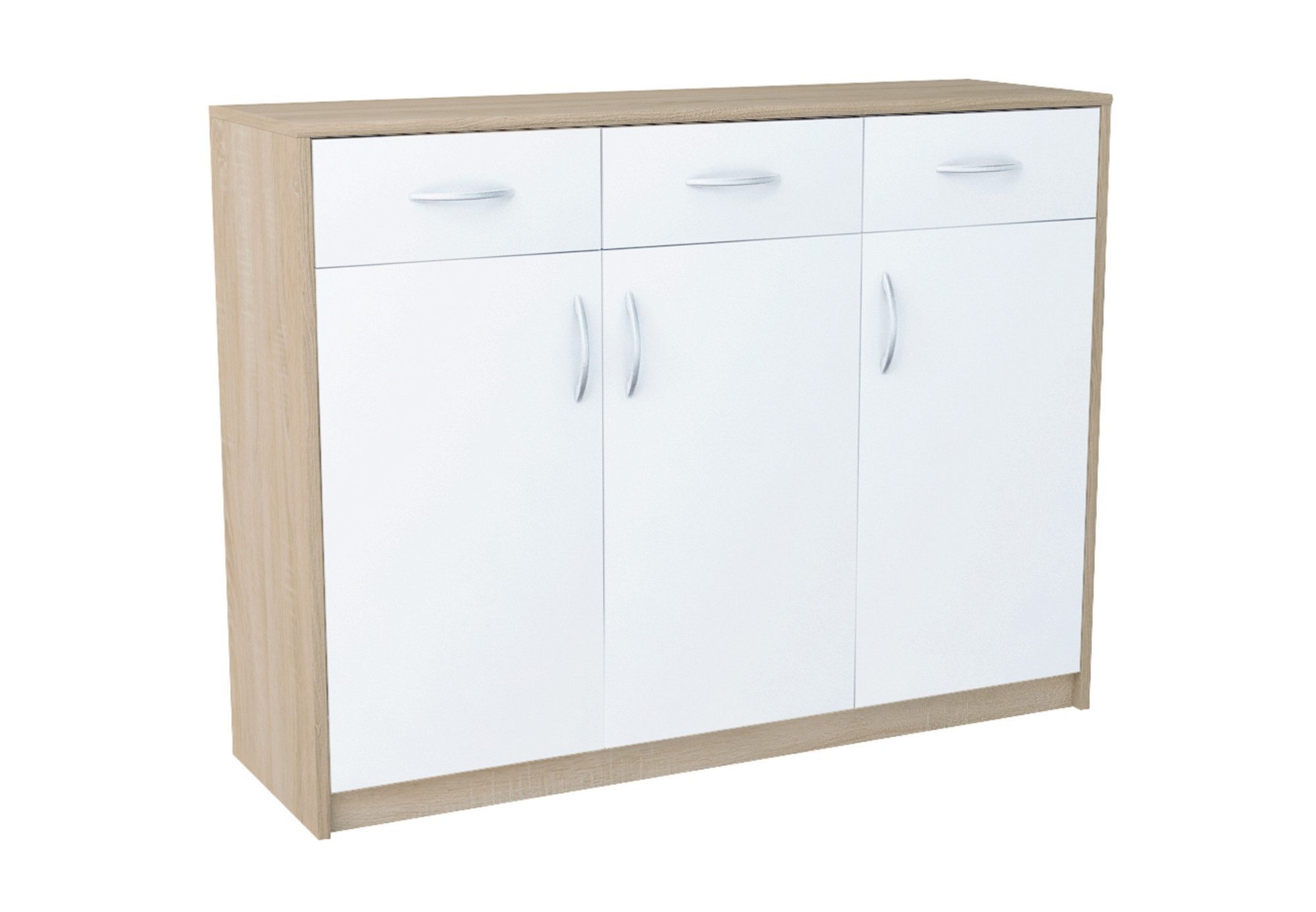 Home Collective Kommode mit 3 Schubladen und 3 Türen in matter Ausführung, Kommode 110cm (mit hochwertigen Polymergriffen, Hergestellt aus laminierten Platten, Metallrollen mit Auszugsperre), Holz Schrank Kommode mit Schubladen sonoma weß