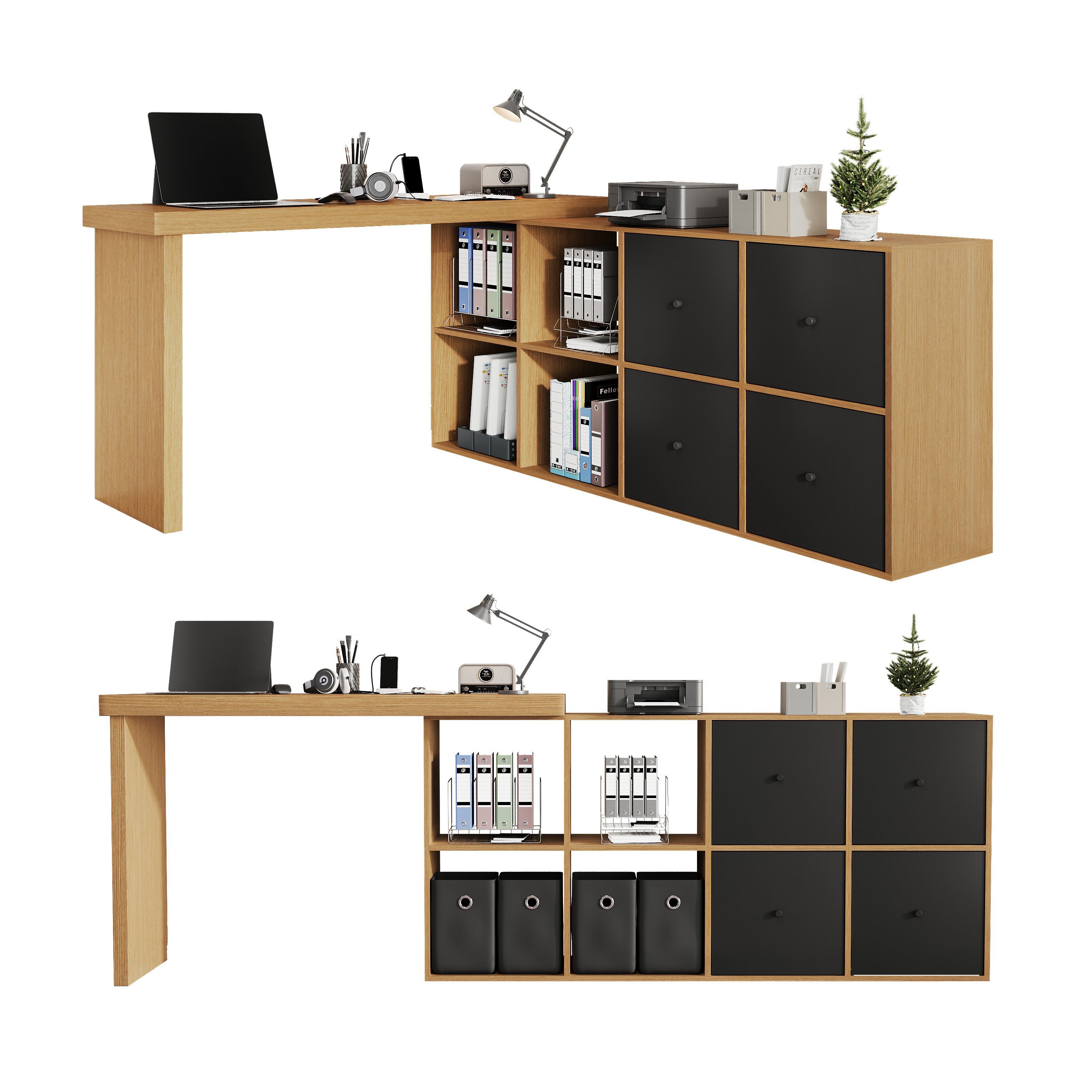 Merax Schreibtisch 360° drehbarer L-förmiger Bürotisch Arbeitstisch (1-St., Schreibtisch 120×48×78 cm/Sideboard 140×35×74 cm), Eckschreibtisch mit Sideboard, 8 Fächer, 4 Schubladen & Kippsicherung