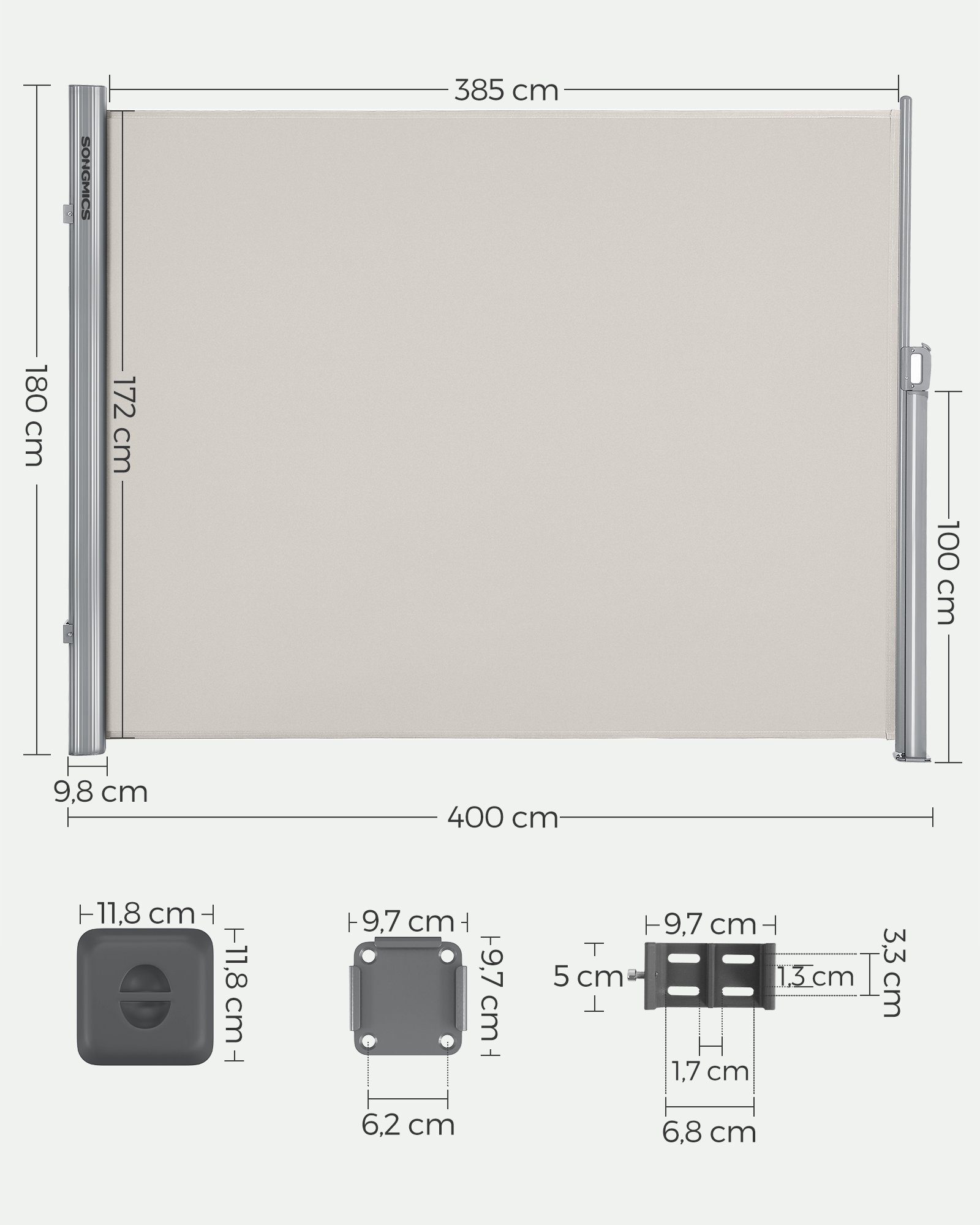 SONGMICS Seitenmarkise ausziehbar, Sichtschutz, balkon terrasse, Windschutz (Sonnenschutz, inkl. Zubehörpaket & Anleitung) Alu, 4 meter, Balkon, mitgelieferte Bodenhalterung