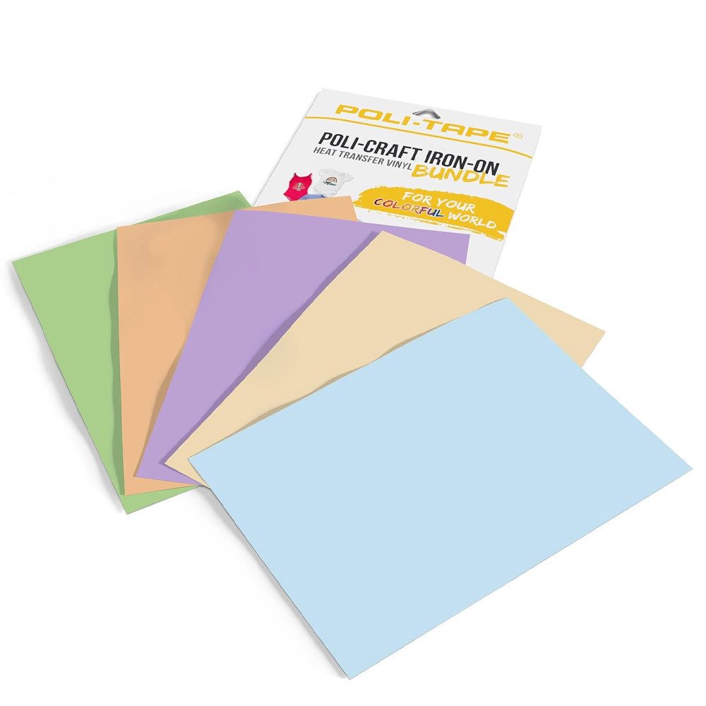 POLI-TAPE POLI-CUT Plotterfolie PASTELL-BUNDLE IRON-ON, 5 x A4 POLI-FLEX TURBO, turboschnelle Transferfolie für Textilien