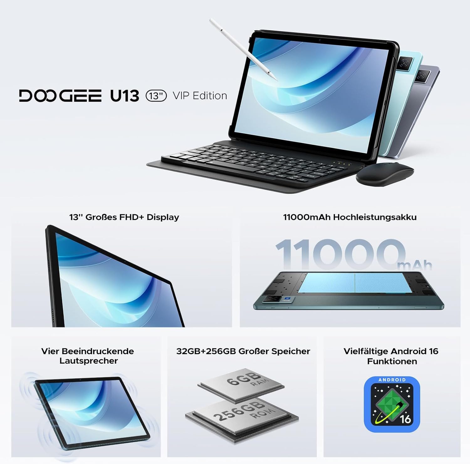 DOOGEE U13 Android 16, 32GB RAM+256GB ROM (2TB TF), 11000mAh Tablet (13", 256 GB, Android 16, Tablet-Set inkl. Stift, Tastatur, Maus, Schutzhülle, 5G WiFi, 13MP+5MP)