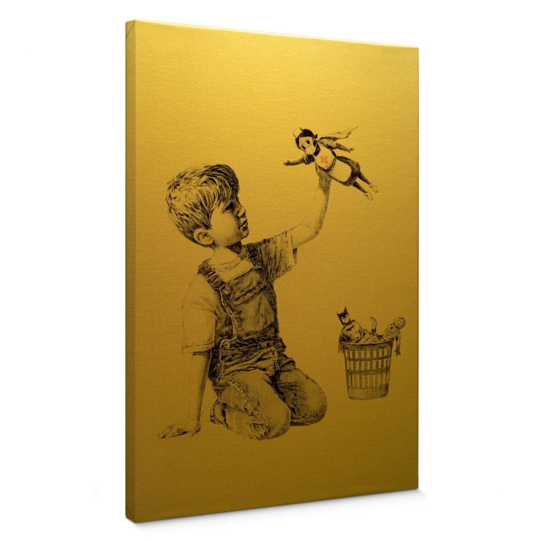 Banksy Gold K&L Vintage Art Hero, Leinwandbild Wandbild Wall Leinwandbild handmade Real Graffiti Wohnzimmer