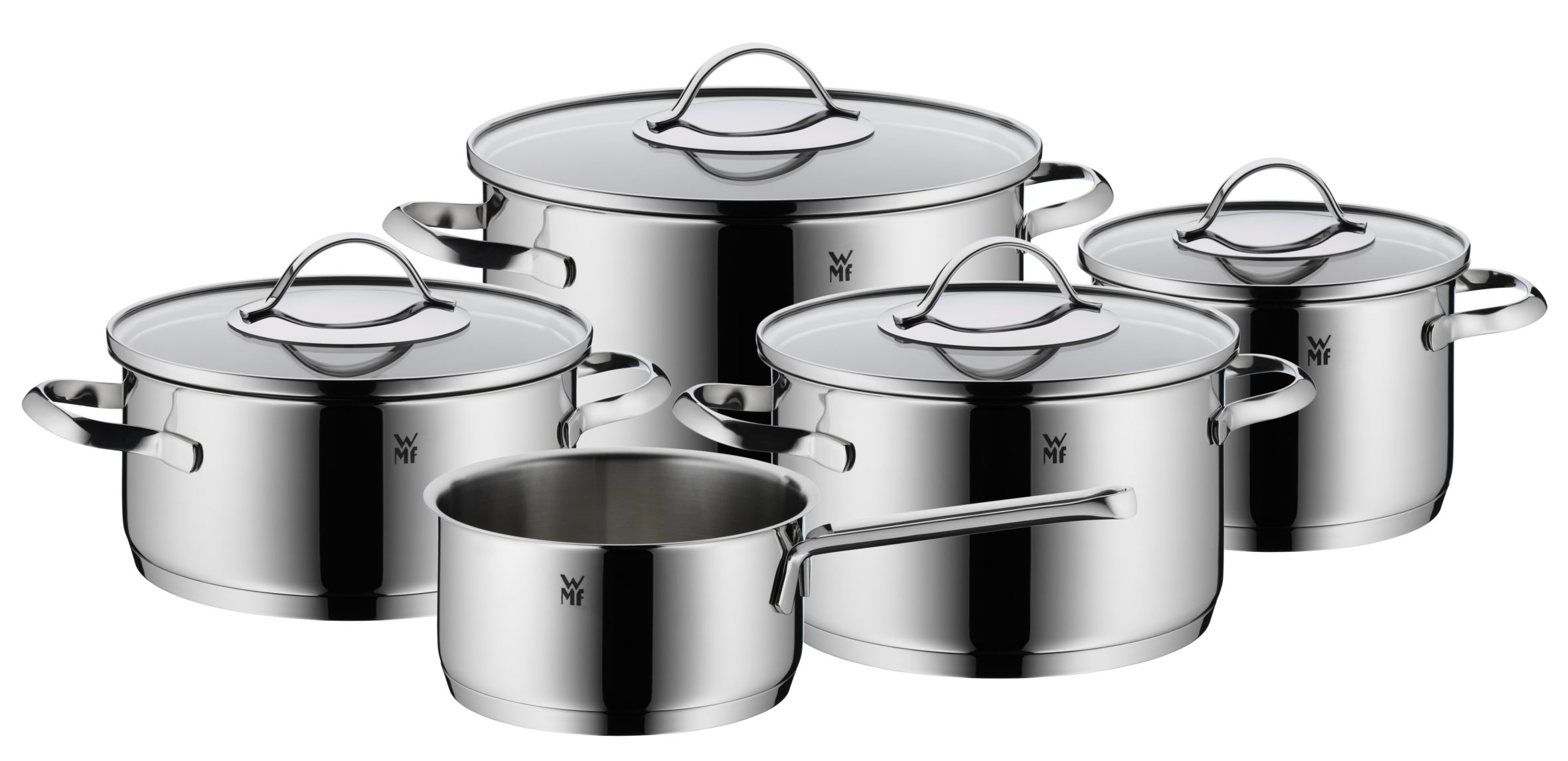 WMF Topf-Set Aparto Topf-Set 5-teilig, Cromargan Edelstahl, Induktion, (5-tlg., 1x Bratentopf, 3x Fleischtopf, 1x Stielkasserolle), Tropffreier Schüttrand und hochwertige Glasdeckel