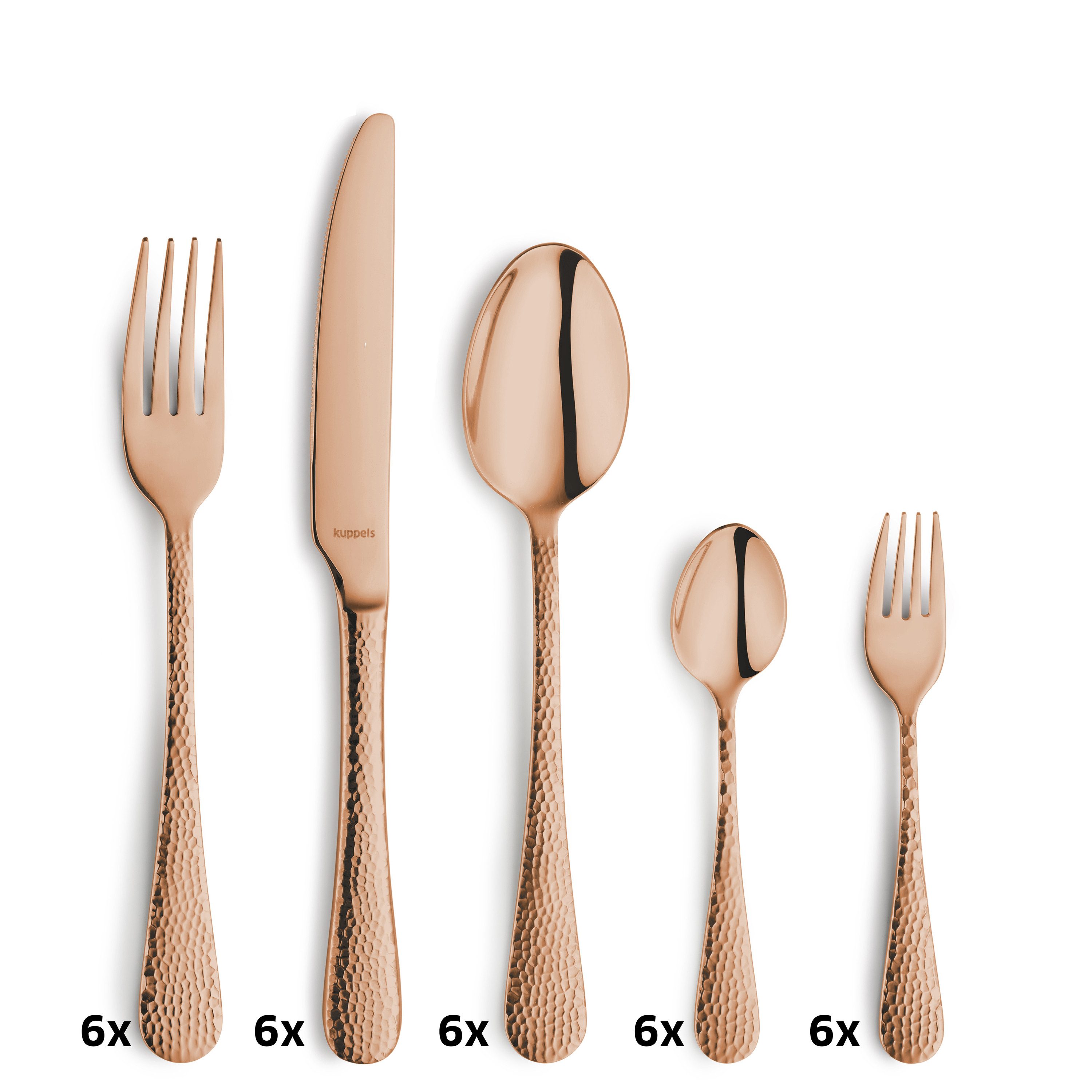 Kuppels Besteck-Set CRYSTAL (30-tlg), 6 Personen, Edelstahl Rostfrei 18/0, Handreinigung empfohlen, roséfarbender PVD Veredelung, gehämmert – Bild 4 von 5