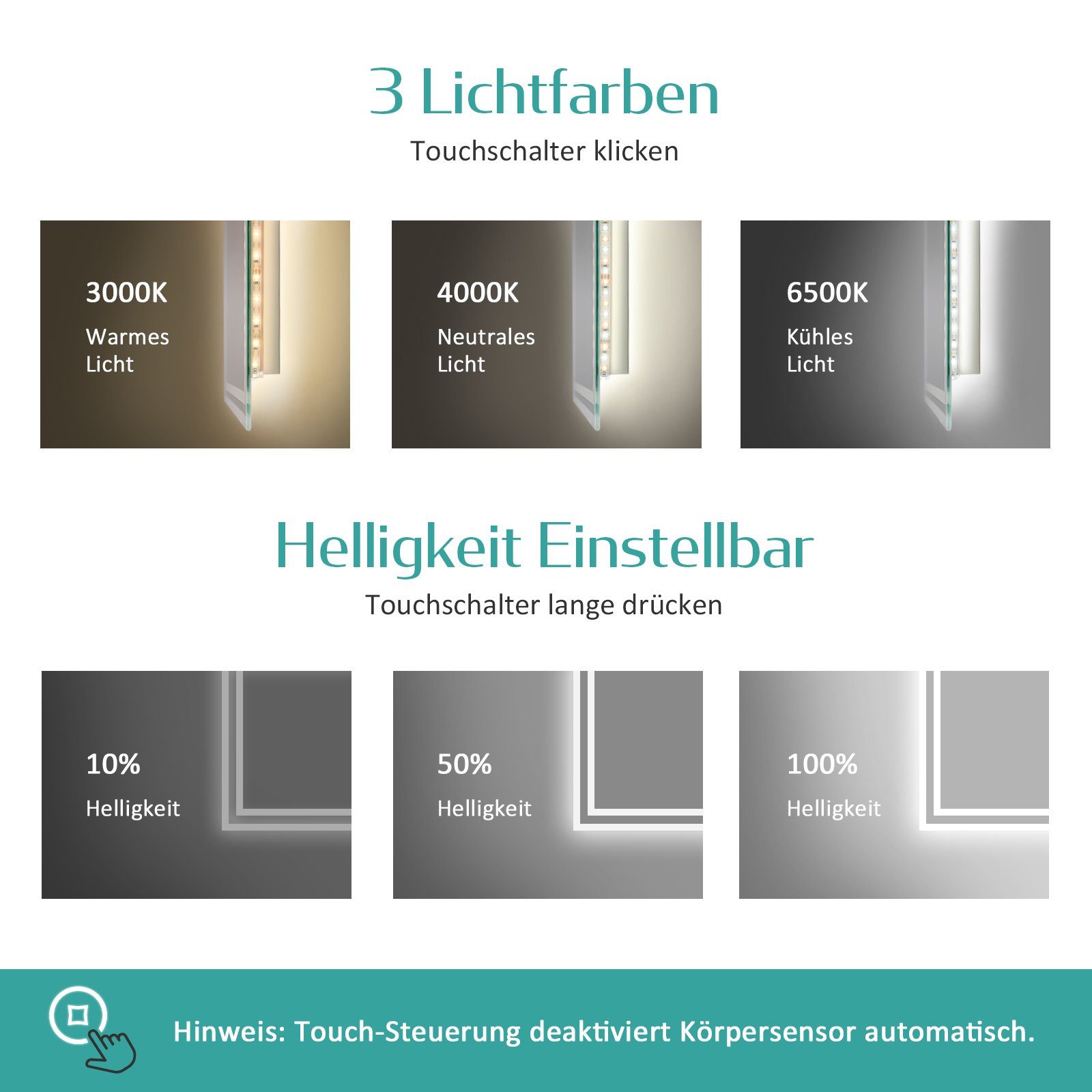 EMKE Badspiegel LED Badspiegel mit Wandspiegel, Farben Beleuchtung Beschlagfreiheit, mit Touch-Schalter und Lichts Dimmbarem Bewegungssensor des 3