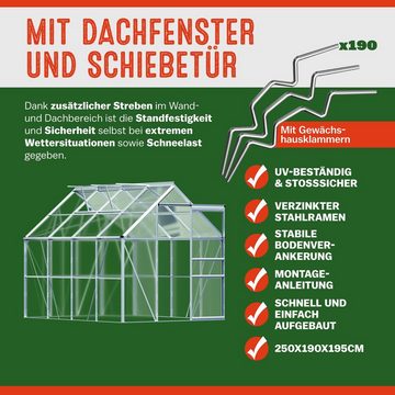 Gardebruk Gewächshaus, Aluminium 4,75m² 250x190cm inkl. 2 Dachfenster Treibhaus Garten