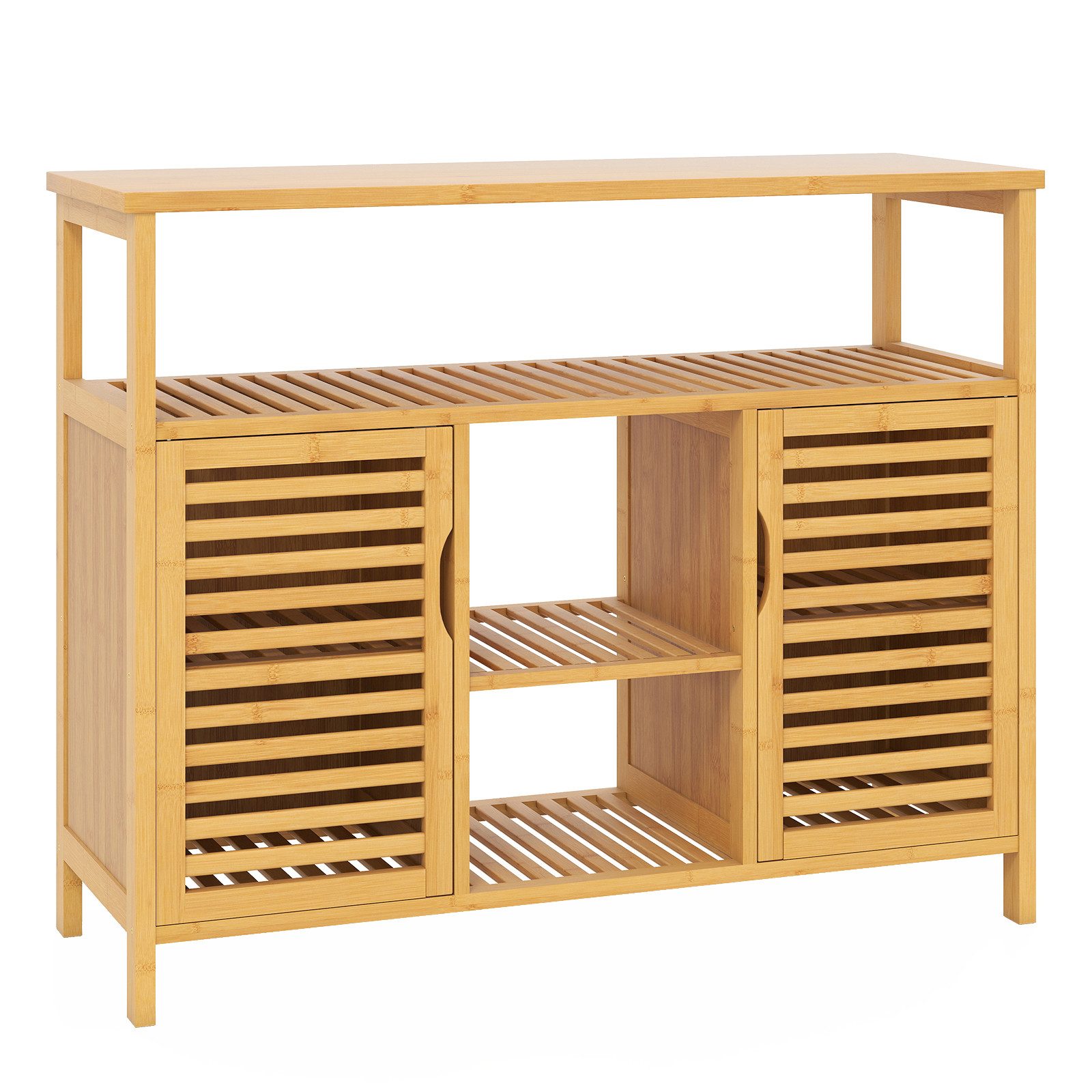 KOMFOTTEU Badkommode, Badezimmerschrank mit 2 Türen & offenen Regal, aus Bambus