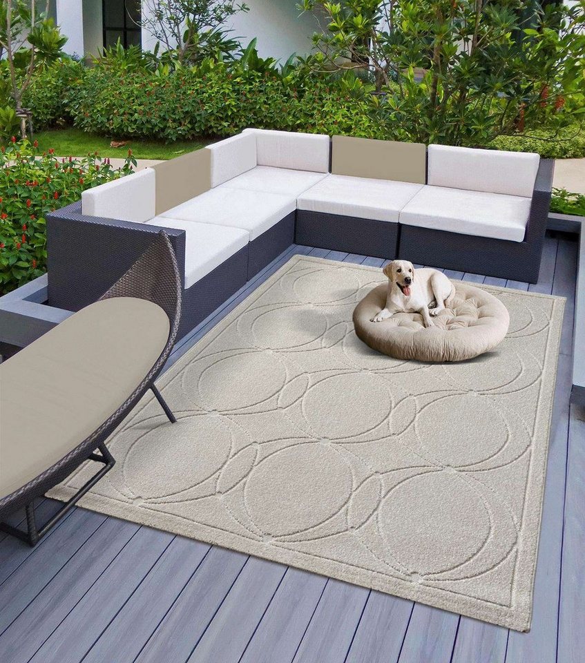 Teppich Indoor & Outdoor Teppich Capri modernes Kreise Design, TaraCarpet,  rechteckig, Höhe: 5 mm, Kurzflor creme In & Outdoor Balkon Terrasse  Wohnzimmer 80x150