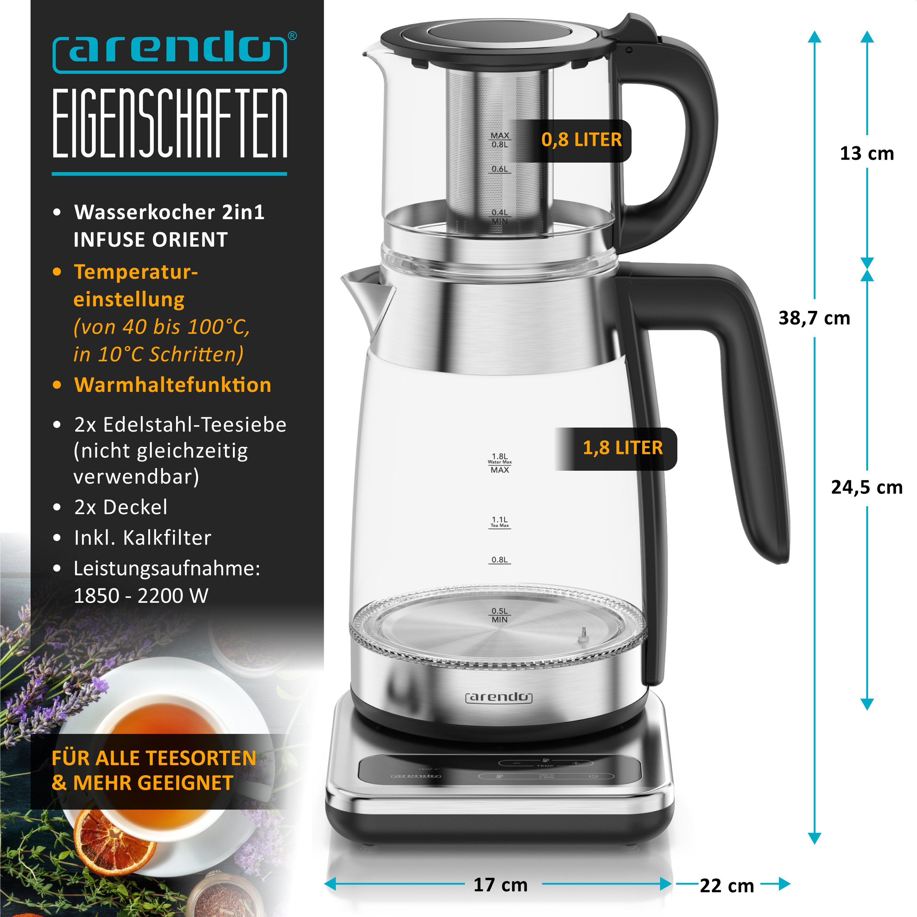Arendo Wasserkocher 2in1 Glas-Teebereiter & Samowar mit Temperatureinstellung 40°-100°C, 1.8 l, 2200 W, 2in1 Teestation, 1,8L & 0,8L, 40-100°C, 2h Warmhalten, BPA-frei