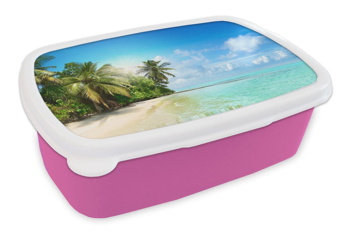 MuchoWow Lunchbox Meer - Palme - Strand - Tropisch - Blau - Grün, Kunststoff, (2-tlg), Brotbox für Erwachsene, Brotdose Kinder, Snackbox, Mädchen, Kunststoff rosa