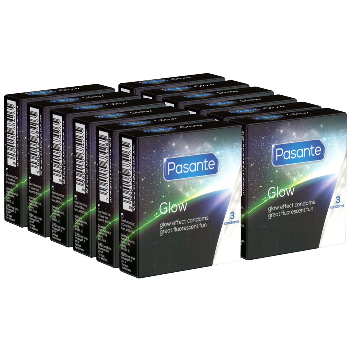 Pasante Kondome Glow (leuchtende Kondome mit grünem Leuchteffekt) Packung mit, 36 St., Leuchtkondome, fluoreszierend, leuchten im Dunkeln