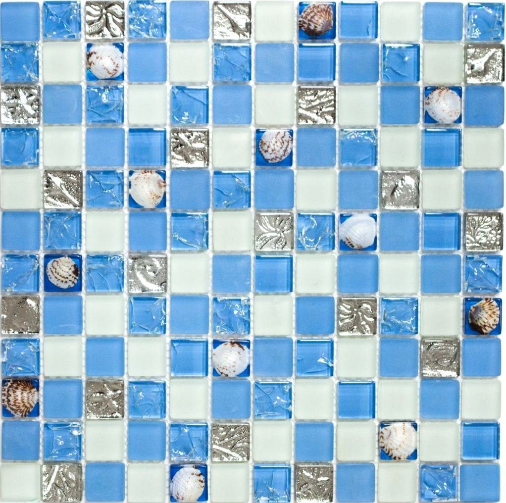 Mosani Mosaikfliesen Muschelmosaik Mosaikfliesen weiss matt blau silber Glasmosaik