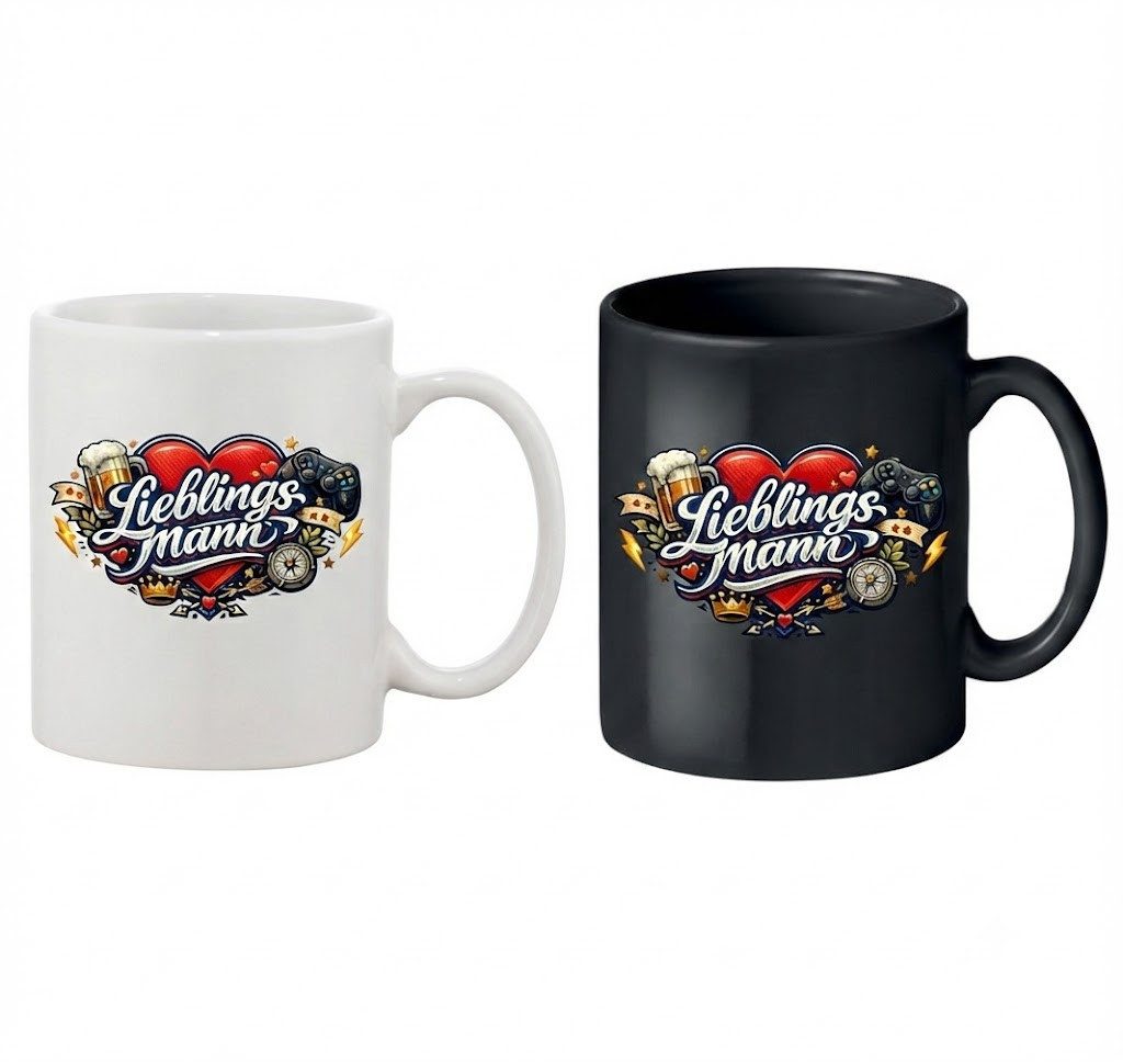 Blondie & Brownie Tasse Lieblingsmann Tasse Print Papa Vater Familie Geschenk Becher Präsent, 1-tlg., Keramik, Lieblingsmann Tasse Herzedition