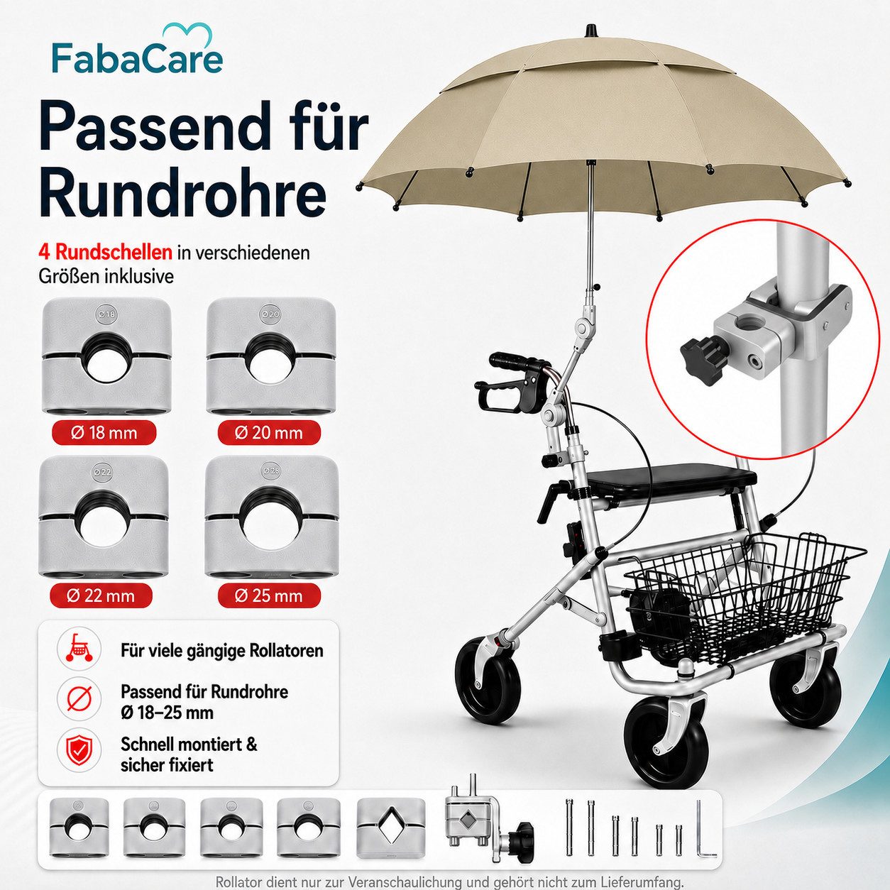 FabaCare Rollator Regenschirm mit Halterung für Rollatoren, Schirm für Gehwagen