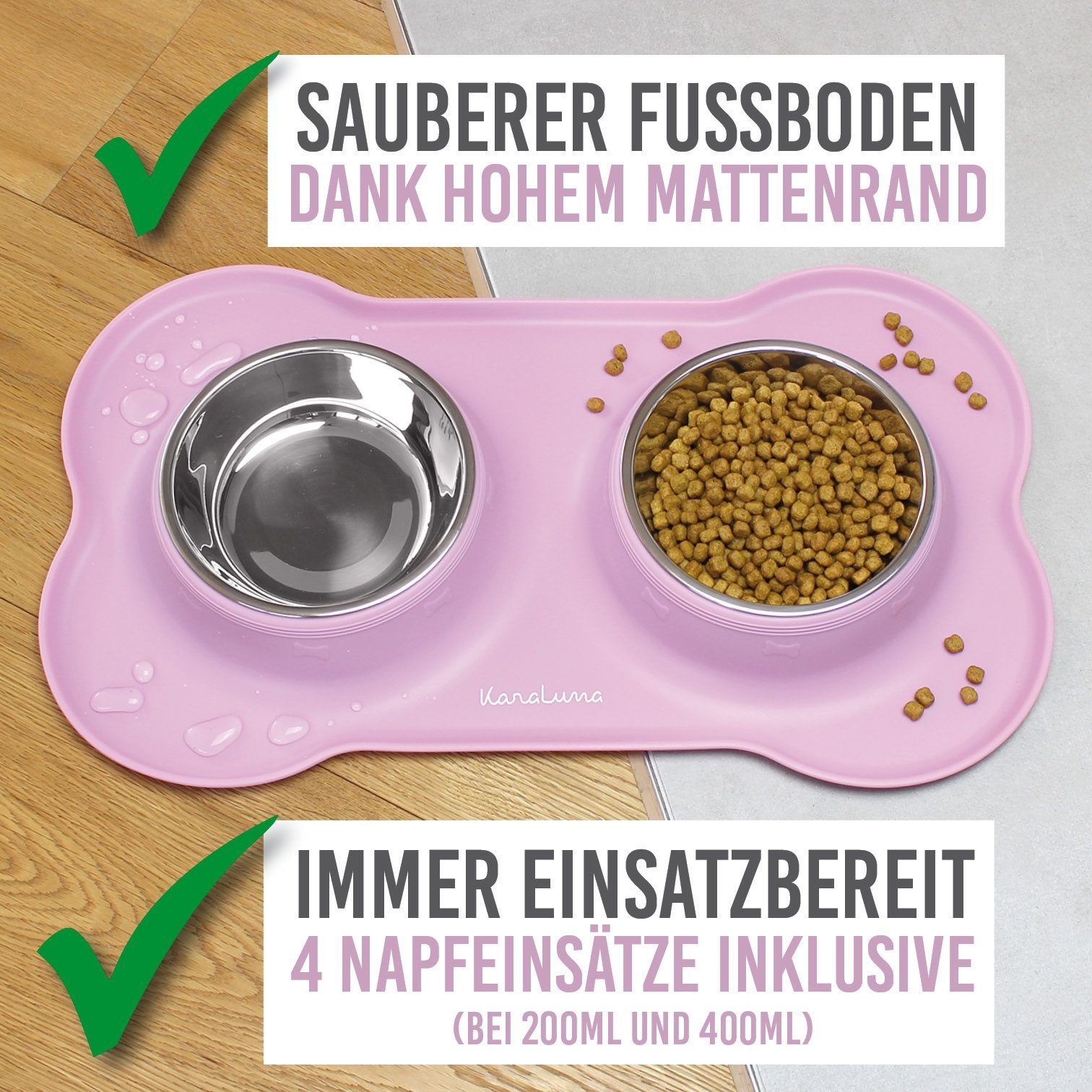 KaraLuna Futternapf Silikon Napfunterlage mit Edelstahl Näpfen I Hundenapf Katzennapf, Edelstahl