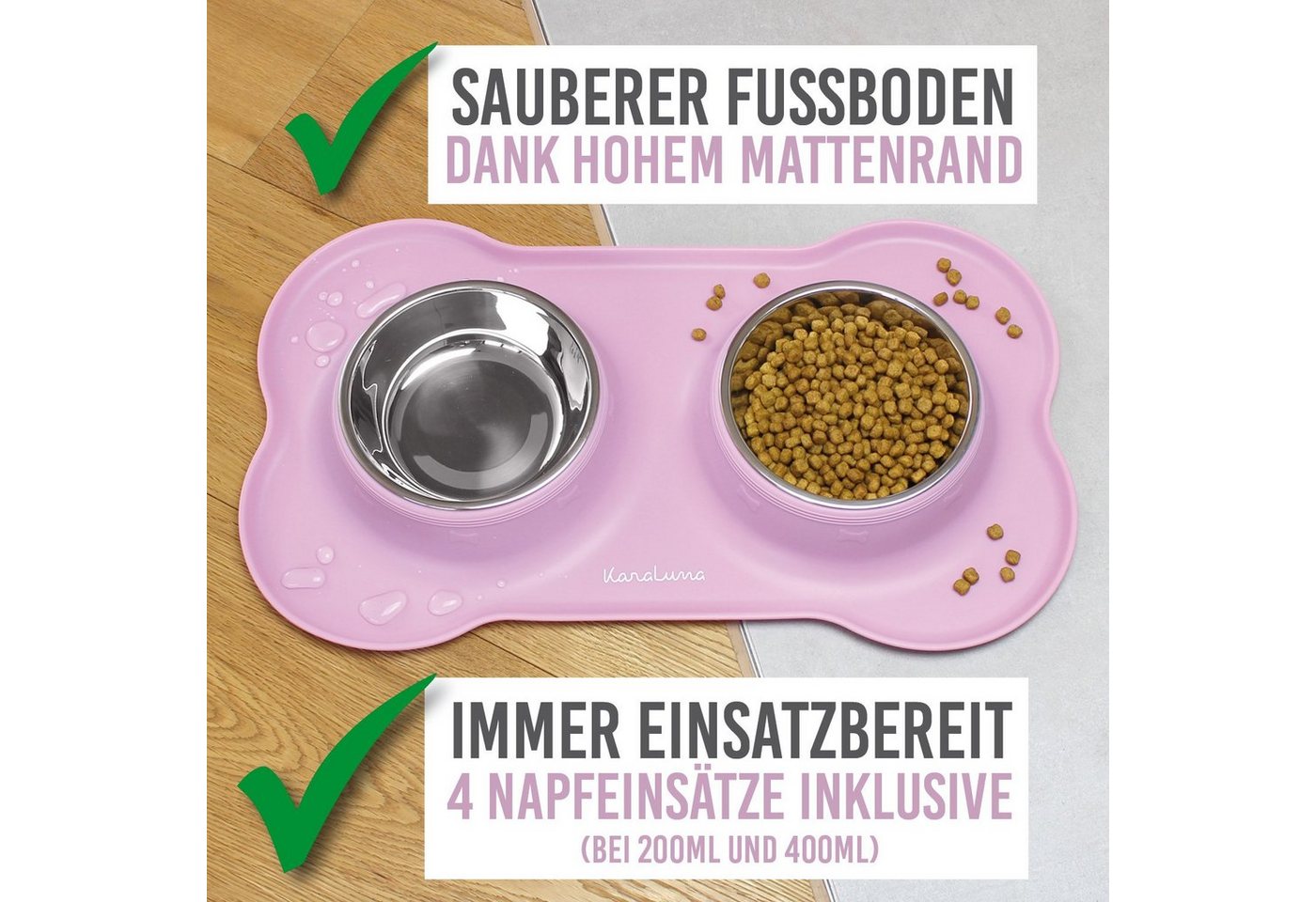 Thumbnail - KaraLuna Futternapf Silikon Napfunterlage mit Edelstahl Näpfen I Hundenapf Katzennapf, Edelstahl