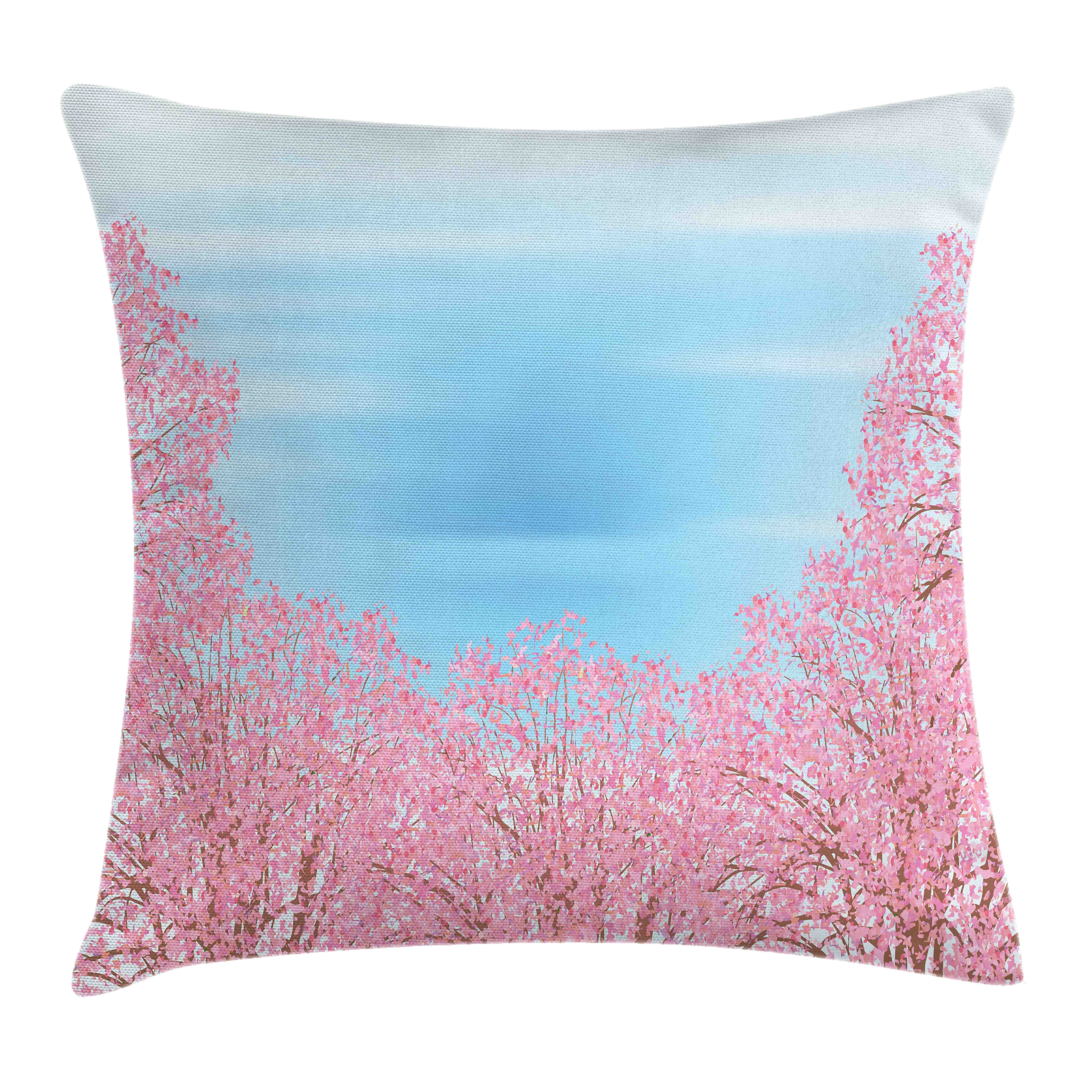 Kissenbezüge Waschbar mit Reißverschluss Blau Pink Abakuhaus Und Trees mit Pinkish Blossom (1 Farbfesten Kissenhülle Beidseitiger Farben Klaren Stück), Druck