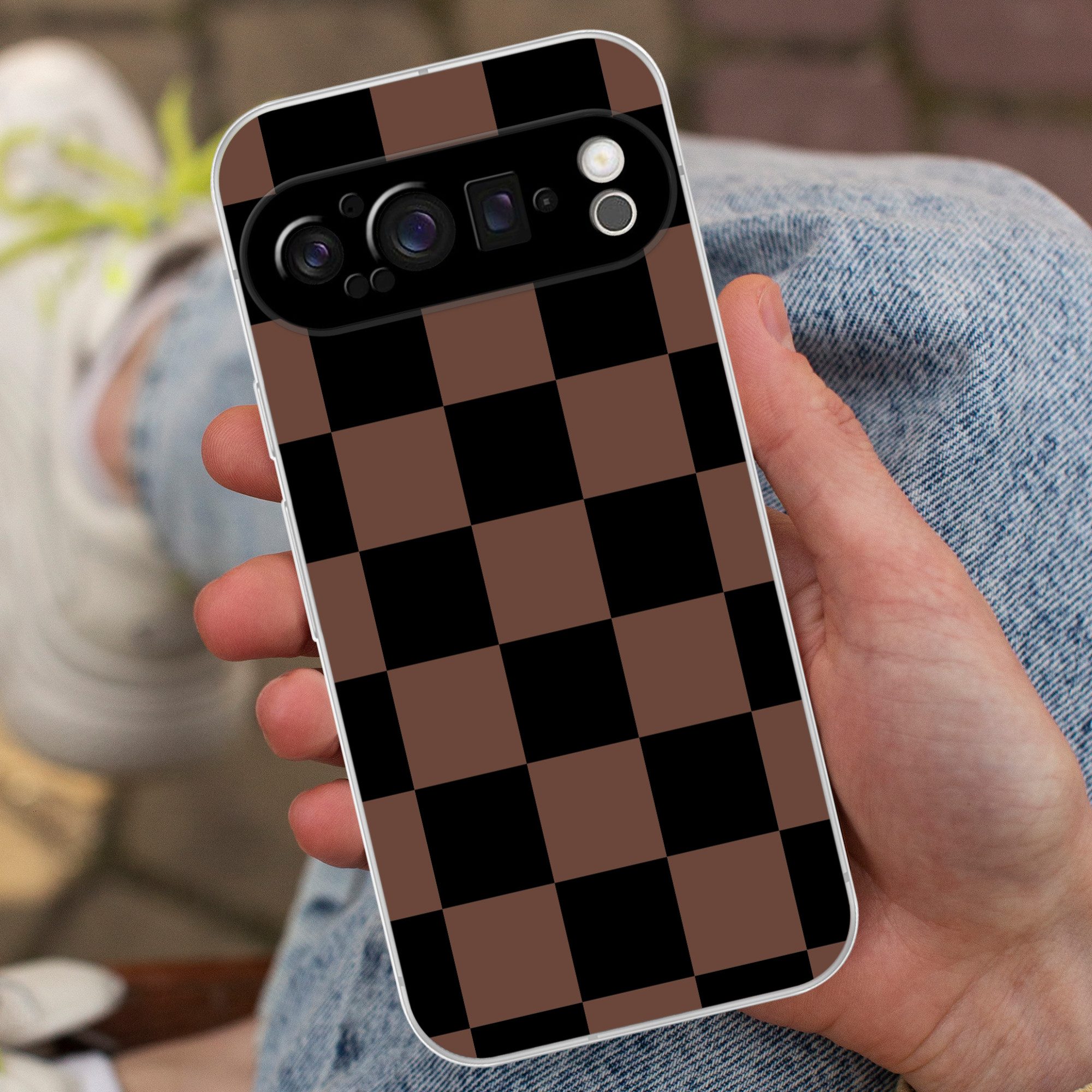 MuchoWow Handyhülle für Google Pixel 9 Pro Schachbrettmuster - Braun - Schwarz - Blöcke, Phone Case, Silikon, Schutzhülle Dünn
