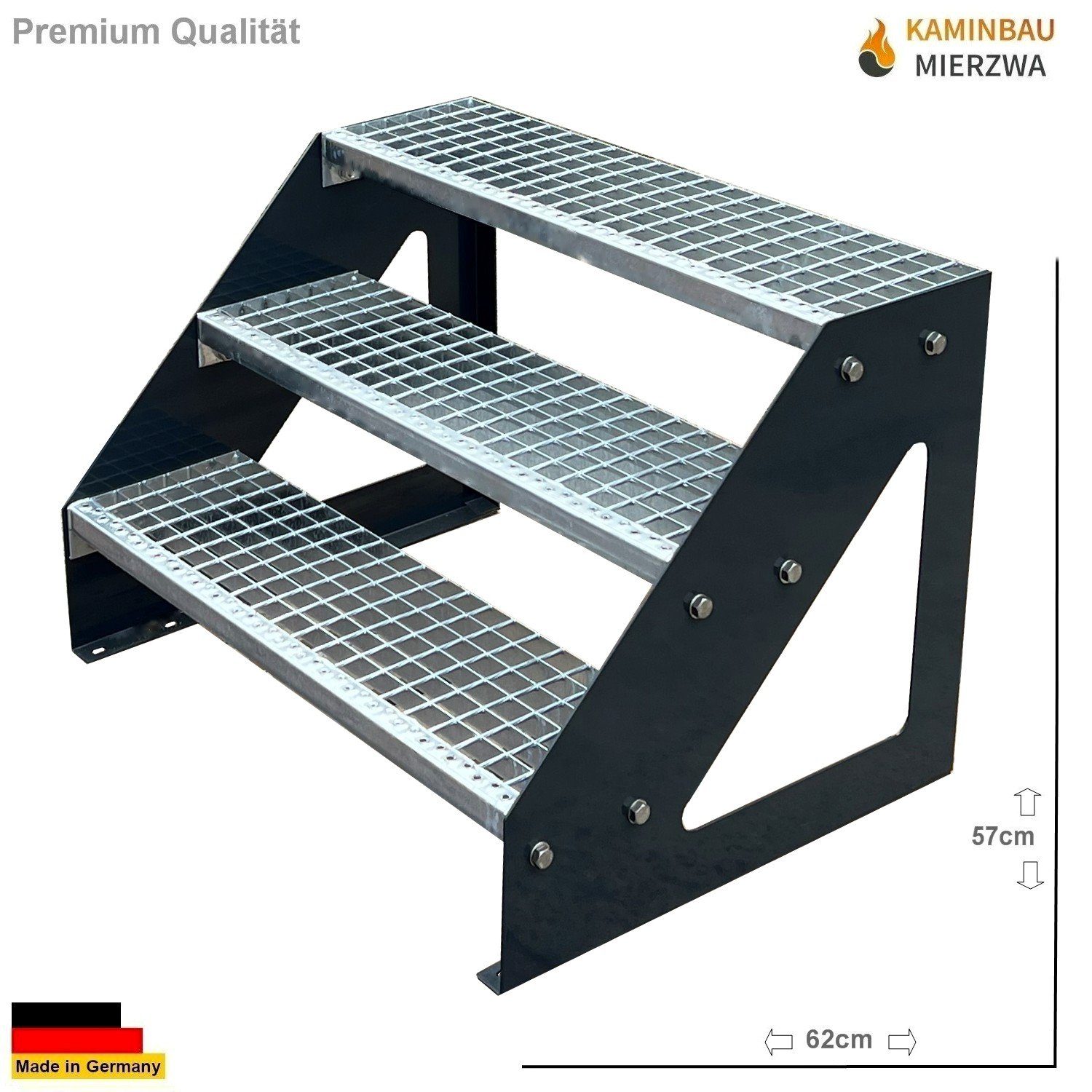 Kaminbau Mierzwa Außentreppe Premium Treppe Anthrazit mit oder ohne Geländer, für Geschosshöhen bis 57.00 cm, Stufen Gitterroststufen nach DIN 24531, (Höhe 57 cm, Stufenbreite und Geländerart wählbar), Gartentreppe Stahltreppe Wetterfest Rostfrei Feuer-Verzinkt Rutschfest