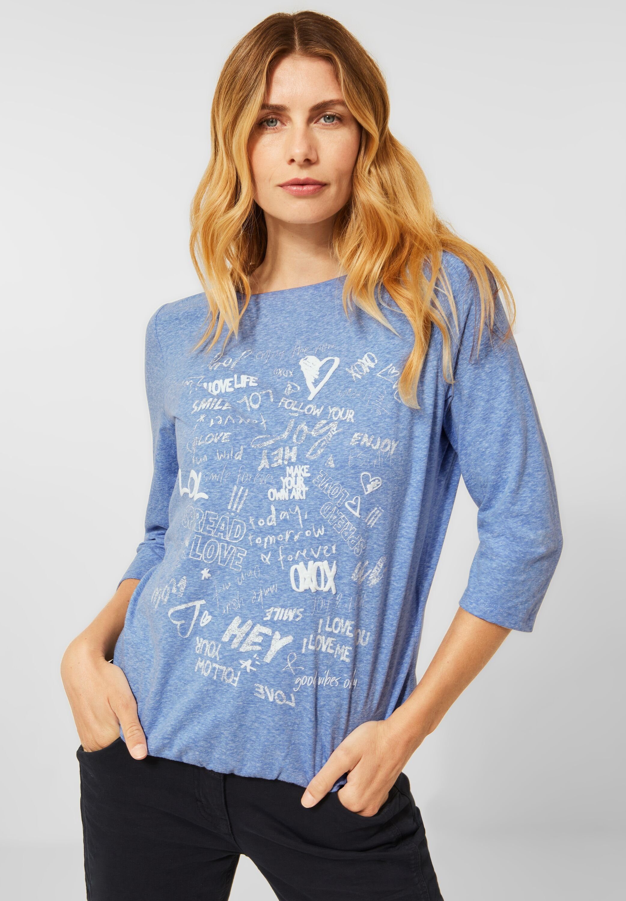 Shirt Mel mit Print Cecil Gummizugsaum Dusk Wording Sky (1-tlg) Blue in Cecil 3/4-Arm-Shirt
