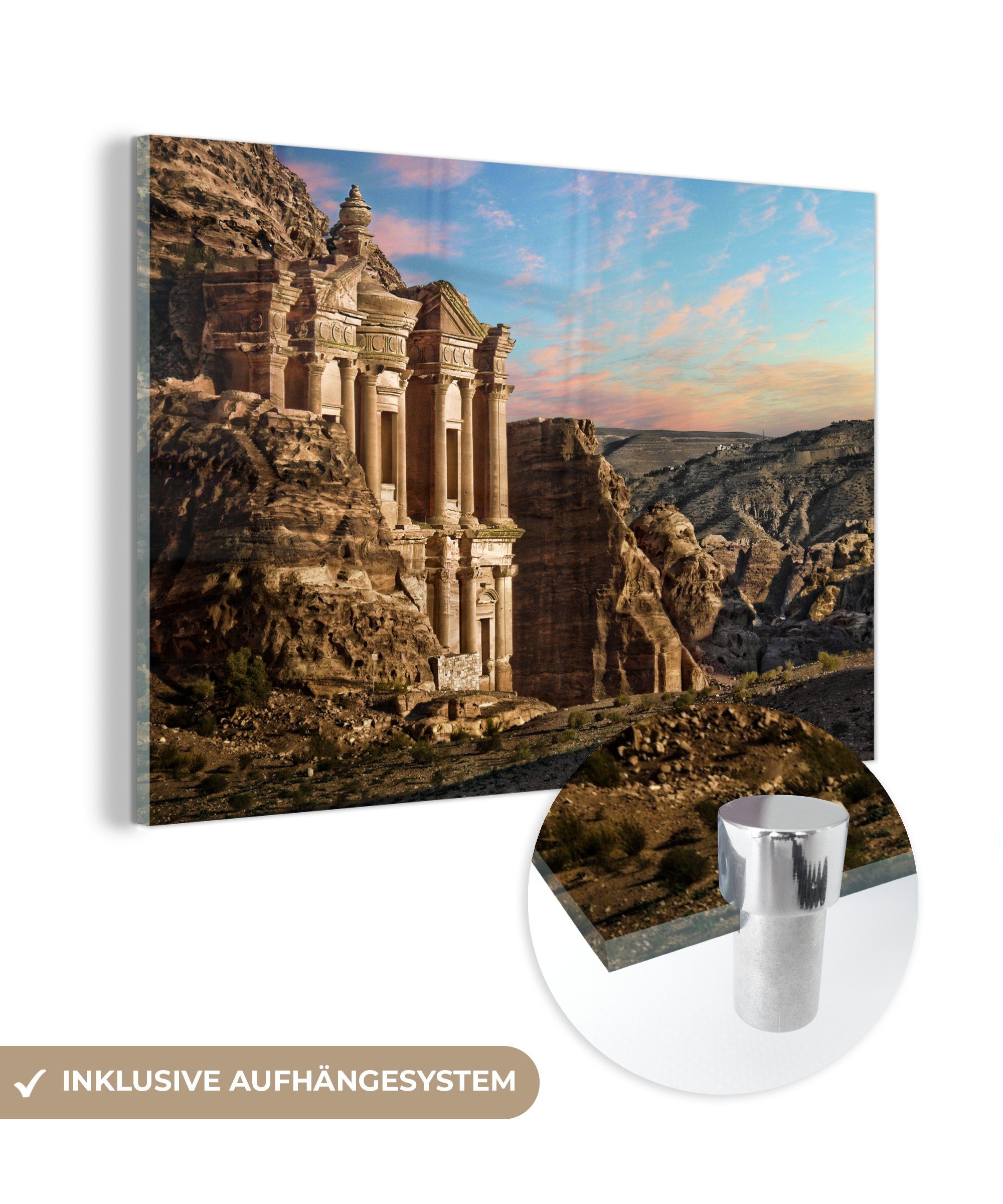 MuchoWow Acrylglasbild Petra geschnitztes Kloster Blick über das Tal, (1 St), Acrylglasbilder Wohnzimmer & Schlafzimmer
