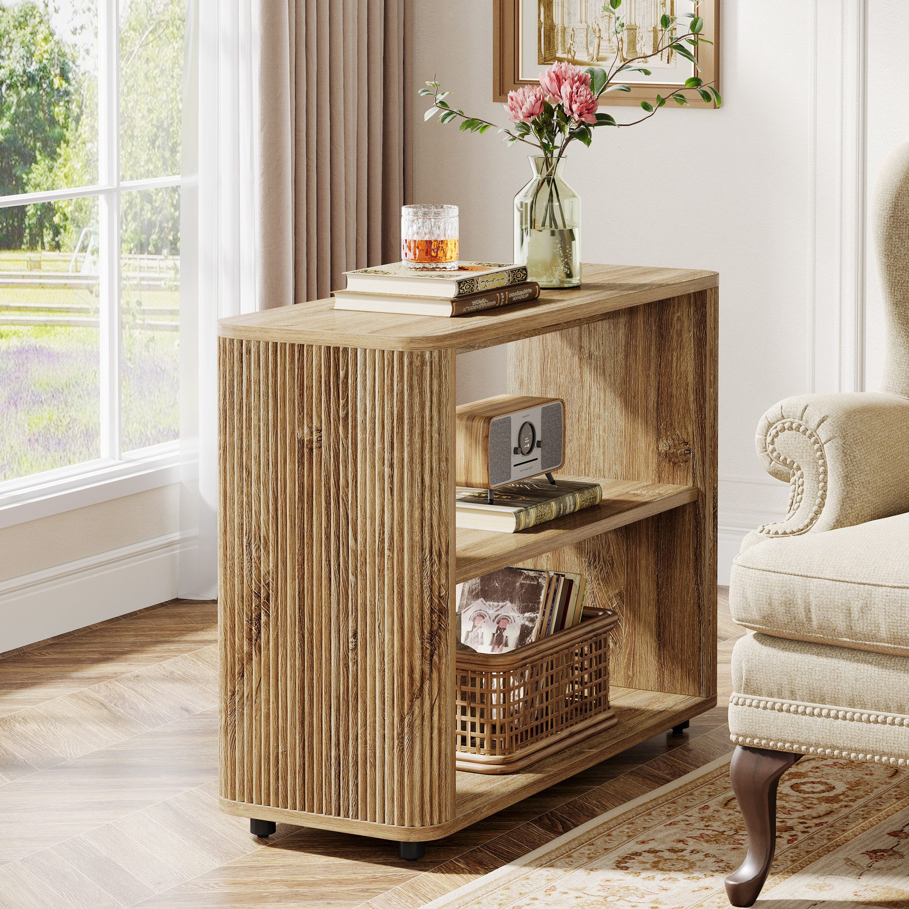 Tribesigns Beistelltisch Schmaler 3-stufig Beistelltisch mit Ablagefächern fürs Wohnzimmer (80 x 30 x 60 cm für Schlafzimmer, kleine Räume, Sofa), Kleiner Nachttisch mit Ablagefächern, Landhaus-Nachttisch