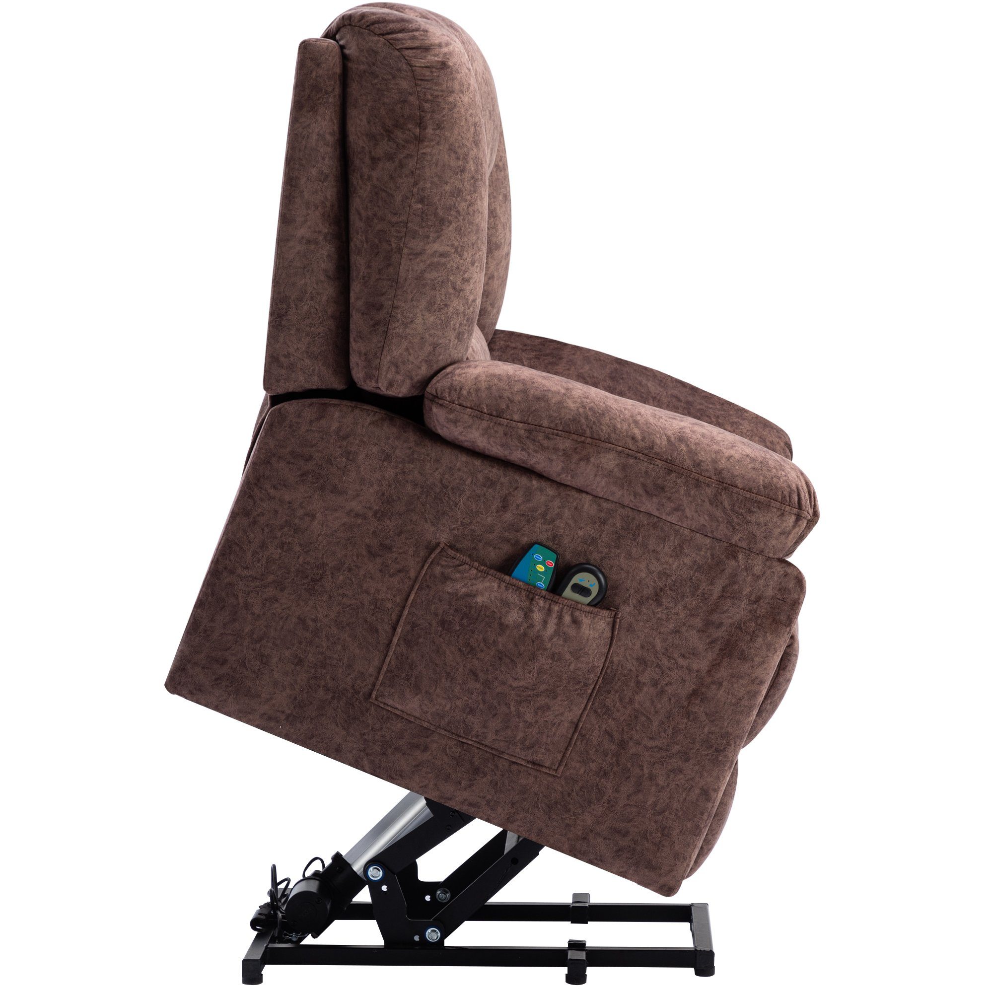 TV-Sessel (Fernsehsessel mit Aufstehhilfe, Schlafsessel, Relaxsessel, Massagesessel, Liegefunktion, Wärmefunktion und Vibrationsmassage), bis zu 150 kg belastbar, Stoff, Braun / Grau