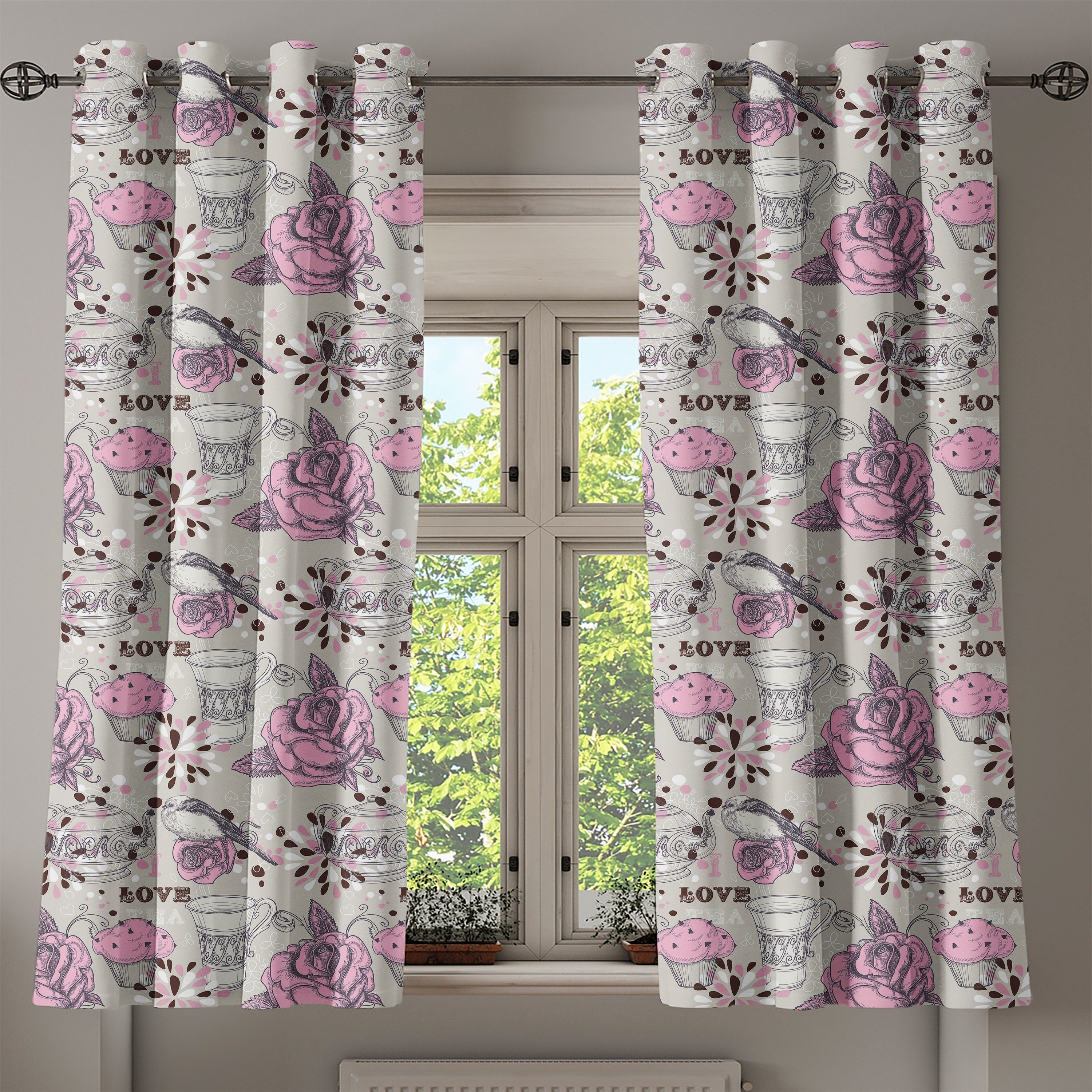 Gardine Dekorative Vögel Romantische 2-Panel-Fenstervorhänge Schlafzimmer Tee-Party Wohnzimmer, Rosen Abakuhaus, für