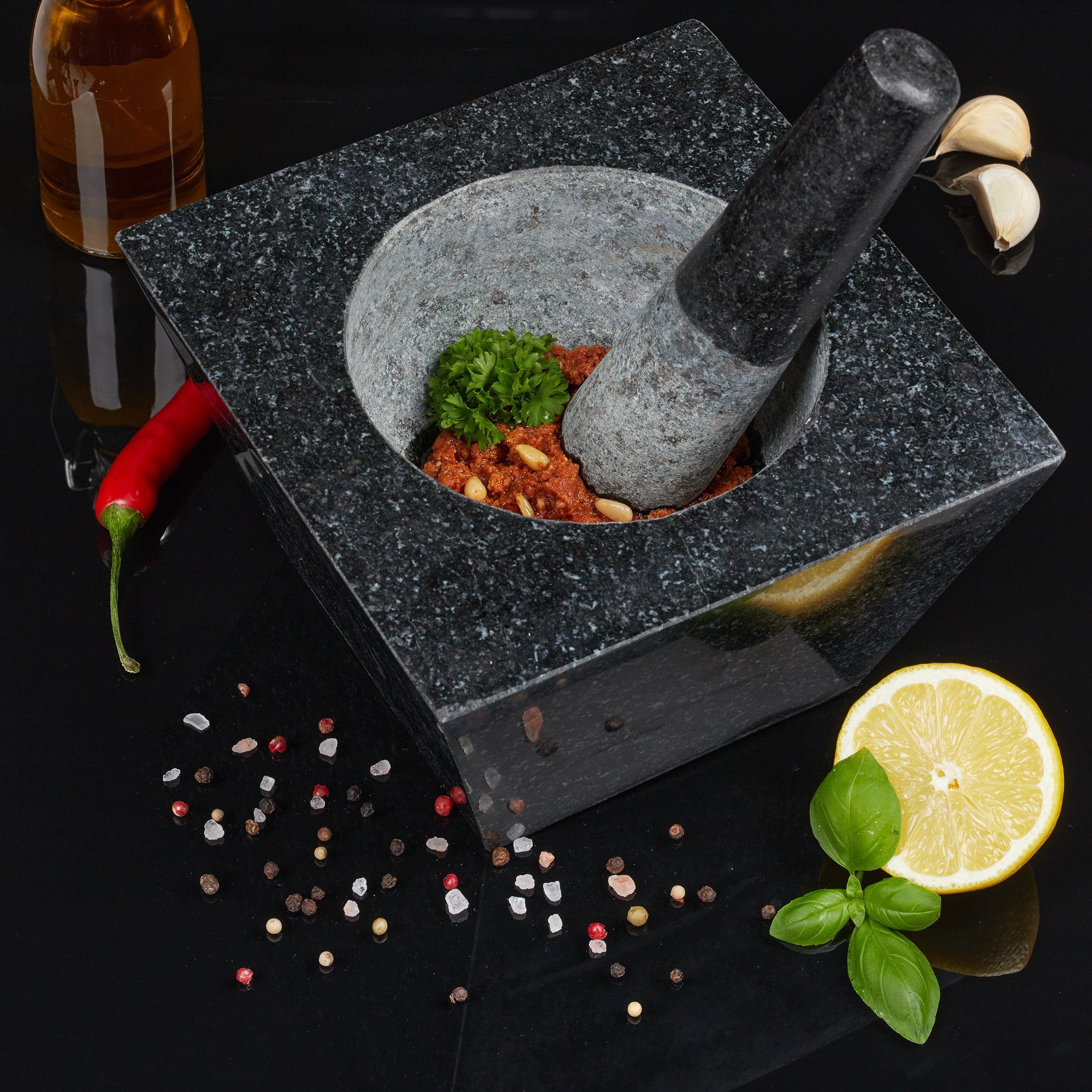 relaxdays Mörser Eckiger Mörser mit Stößel aus Granit