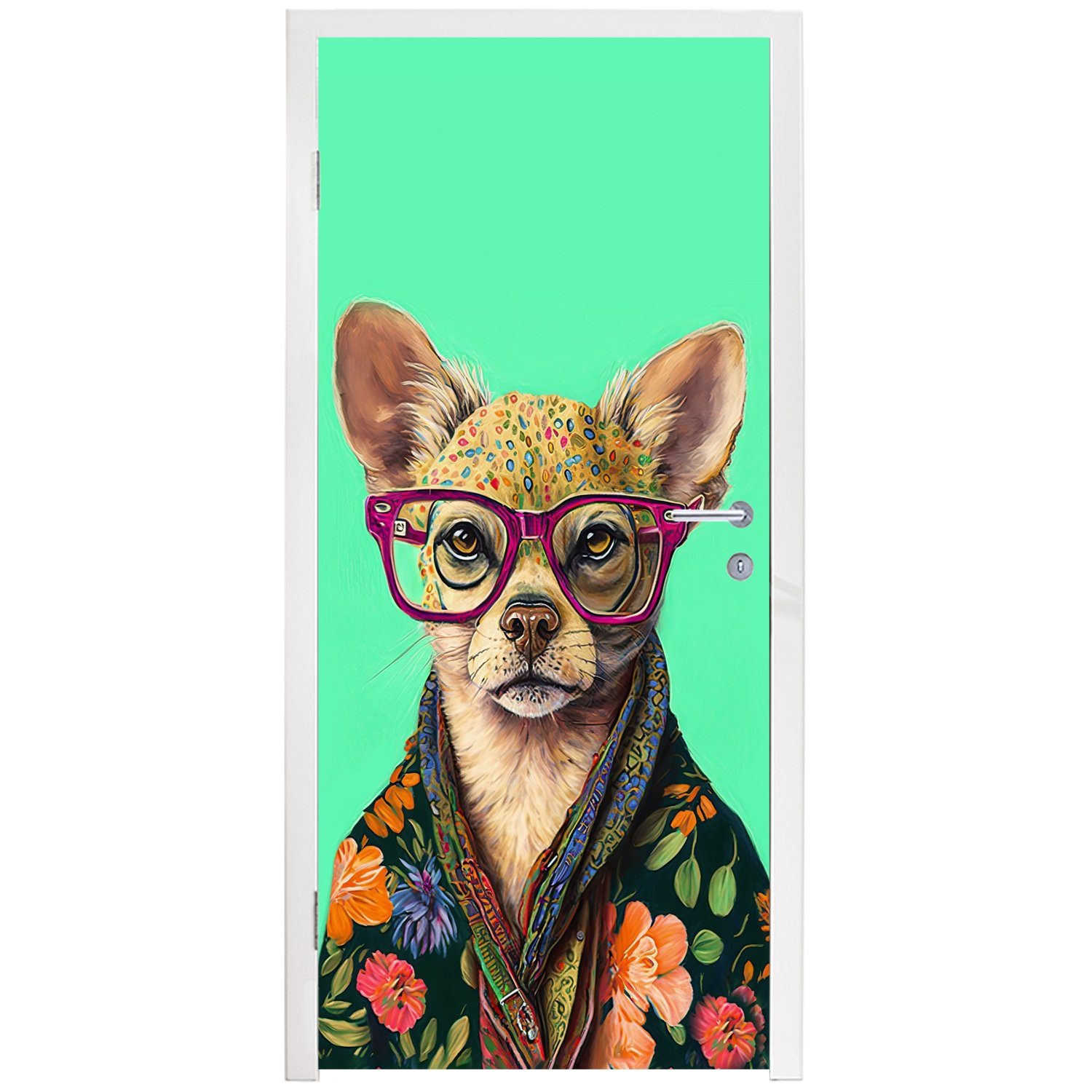 cm St), - Fototapete Türtapete Türaufkleber, Tier für - - Chihuahua, Matt, bedruckt, MuchoWow Tür, 75x205 (1 Brille - Hund Blumen
