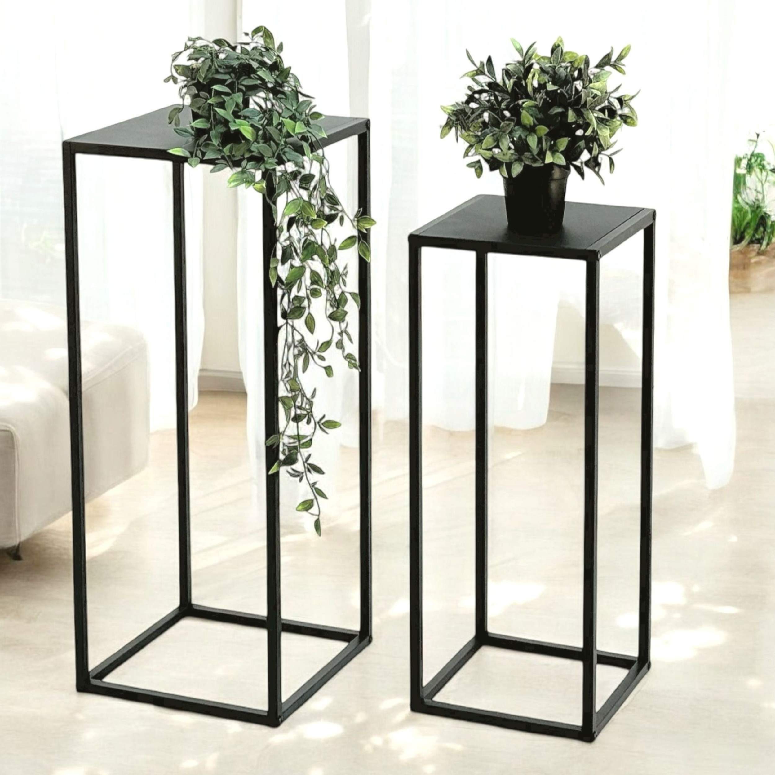 Beistelltisch Pflanzenständer Metall Schwarz Eckig 2er Set Blumenhocker