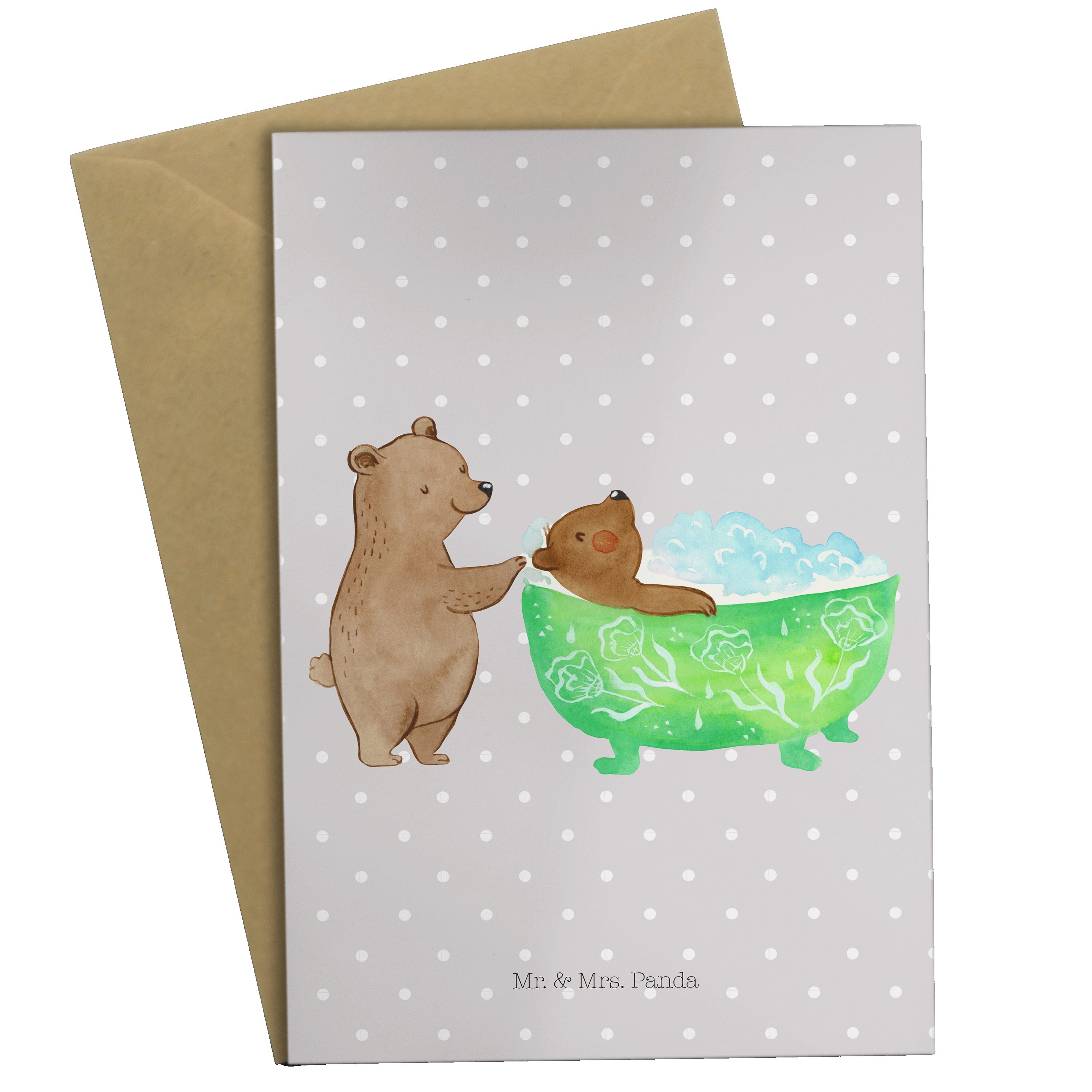Mr. & Mrs. Panda Grußkarte Oma badet - Grau Pastell - Geschenk, Mama, Einladungskarte, Hochzeits