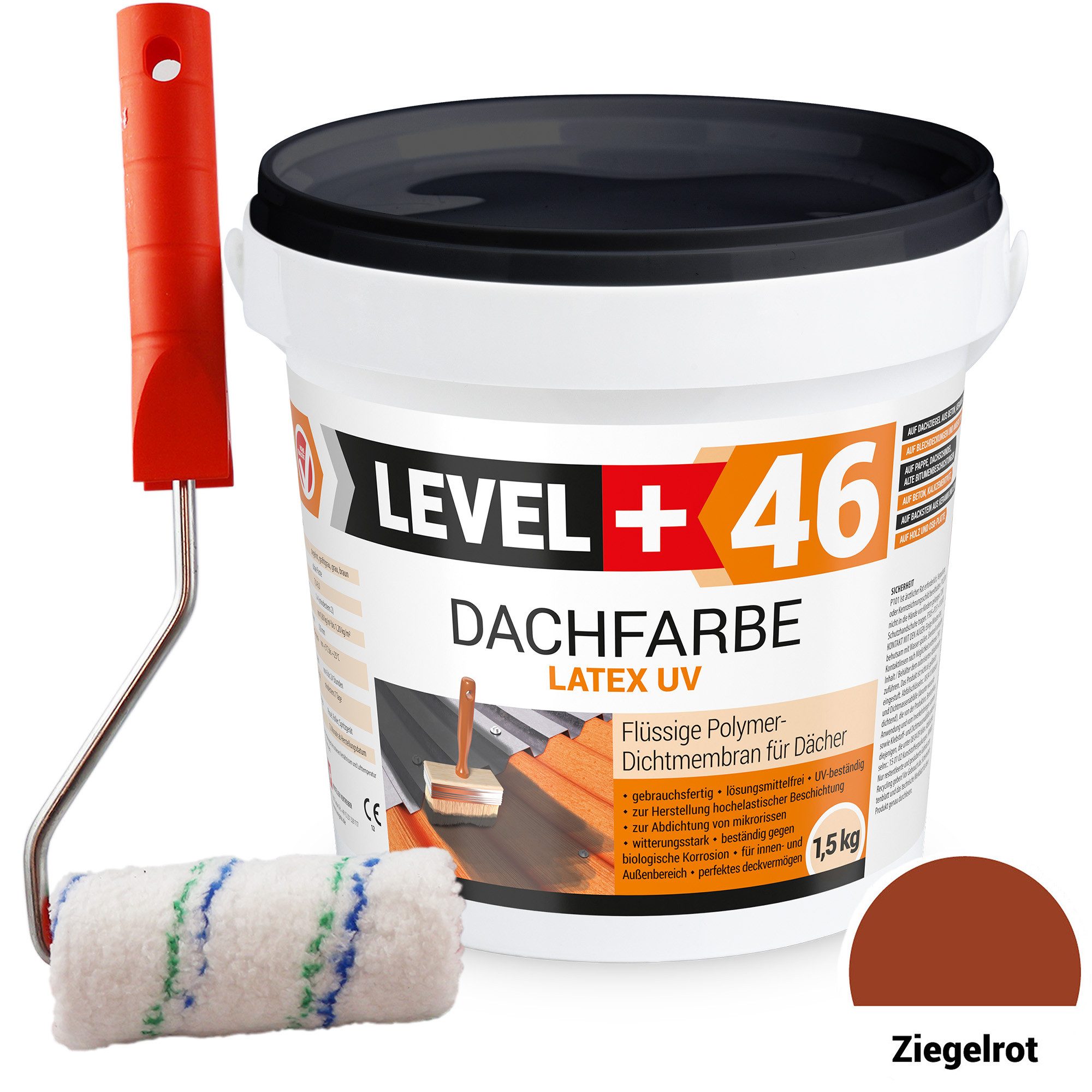 Level+ Dachfarbe Dachfarbe Sockelfarbe elastische L+46 ZIEGELROT - 1,5KG + Farbroller