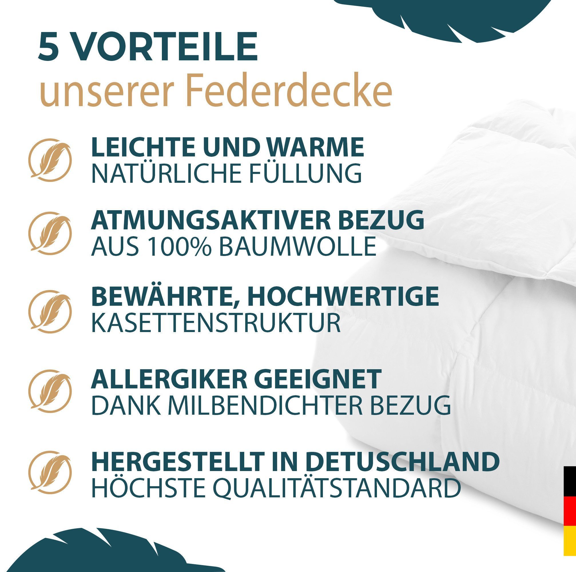 KNERST Federbettdecke - Bettdecke mit Daunen & Federn, Füllung: 90% Federn und 10% Daunen, Bettdecke 135x200 cm, Baumwollbezug, atmungsaktiv – Bild 4 von 5