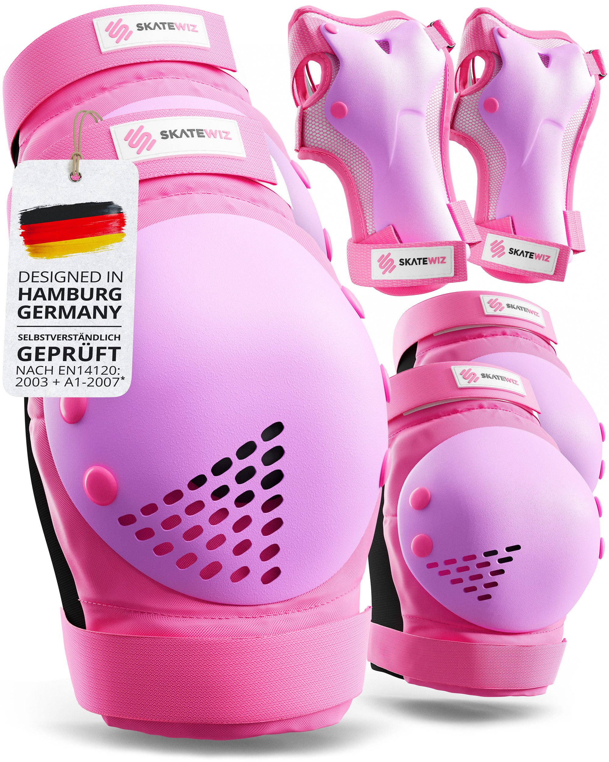 SKATEWIZ Protektoren-Set SMASH Knieschoner Kinder Inliner Schoner Erwachsene Protektoren Set (Schonerset Inliner skates Mädchen Schützer, 6-tlg., Inliner Schoner mit Knie-, Ellenbogen- und Handgelenkschützer), Schützer Inline Skates Kinder Schlittschuhe S