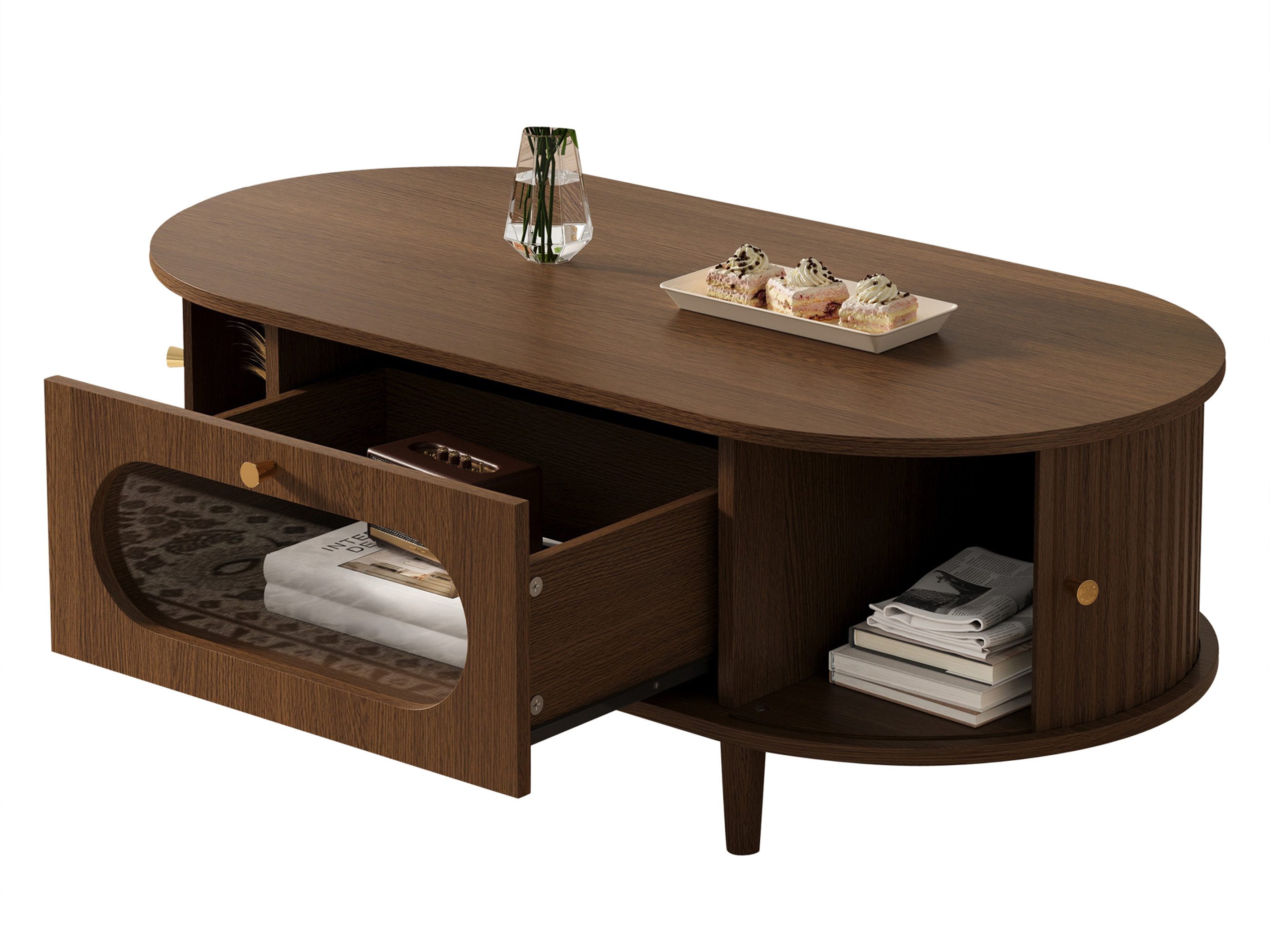 SeedWave Couchtisch Ovaler Sofatisch 100cm mit Holzoptik, Schiebetüren & Schublade, seitliche Fächer, das Schubfach mit Glasfront