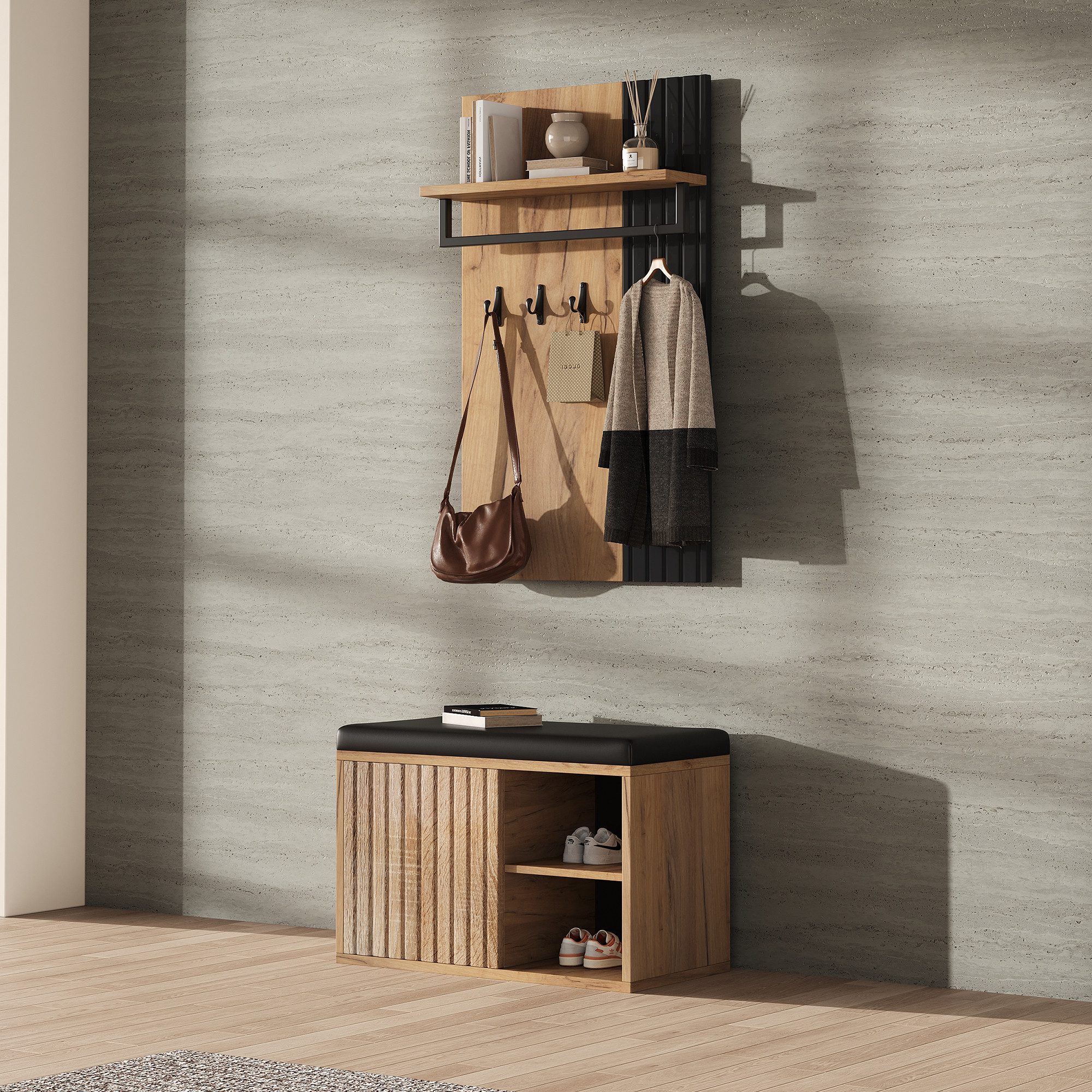 Refined Living Garderoben-Set Schuhbank mit Kleiderstange, 2 Türen, 3 Haken & Sitzbank Schwarz/Natur, (B70×T36×H146 cm, Flurmöbel, Schuhschrank mit Sitzbank, Kleiderstange, 2 Türen, 3 Haken, 1-St., platzsparend, multifunktional, modern, Schwarz + Naturholzoptik), Stauraum, Garderobe, für Flur, Diele, kleine Wohnungen