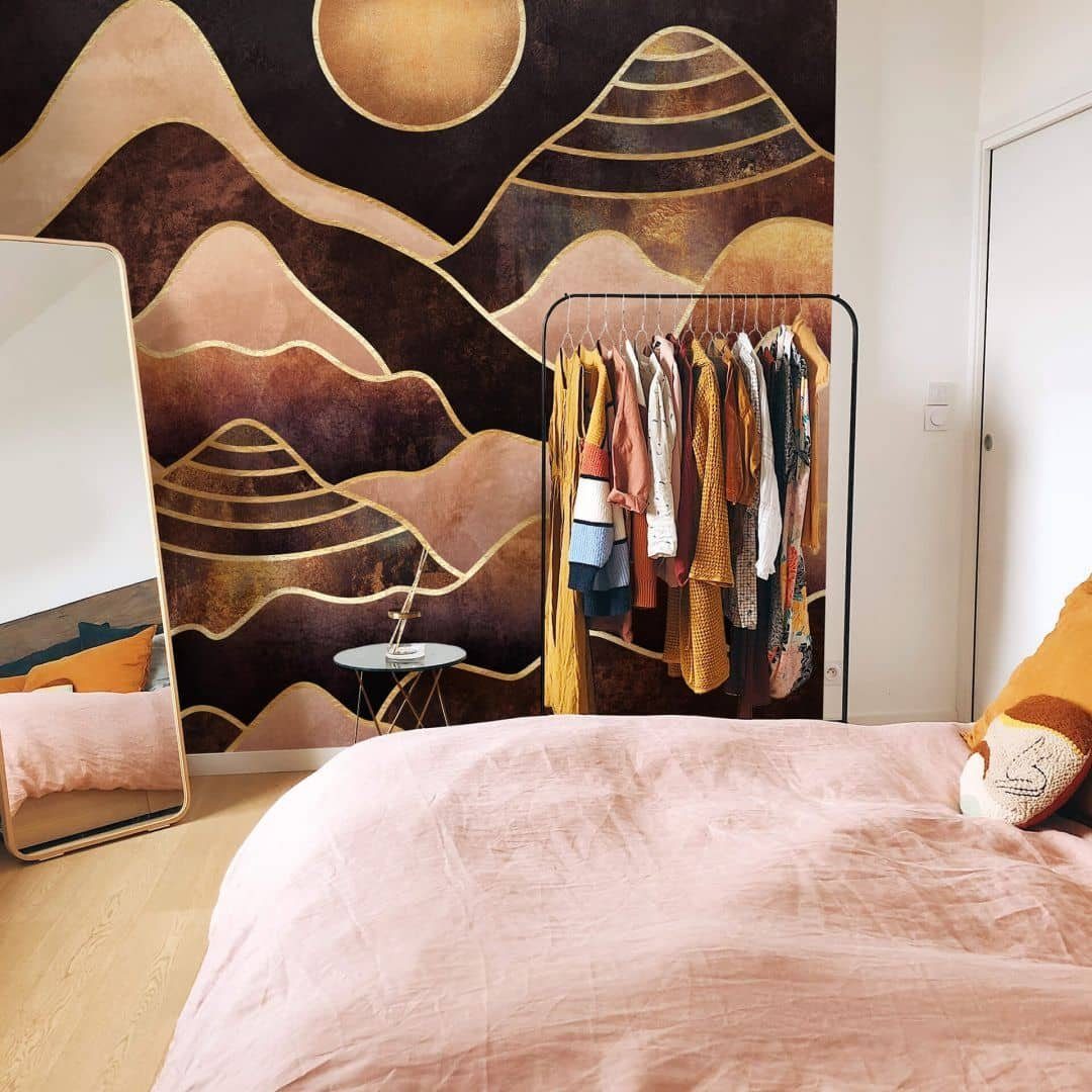 K&L Wall Art Fototapete Große Vliestapete XXL Art Deco Sonne Mond Gold in den Bergen, Wohnzimmer Wandschutz