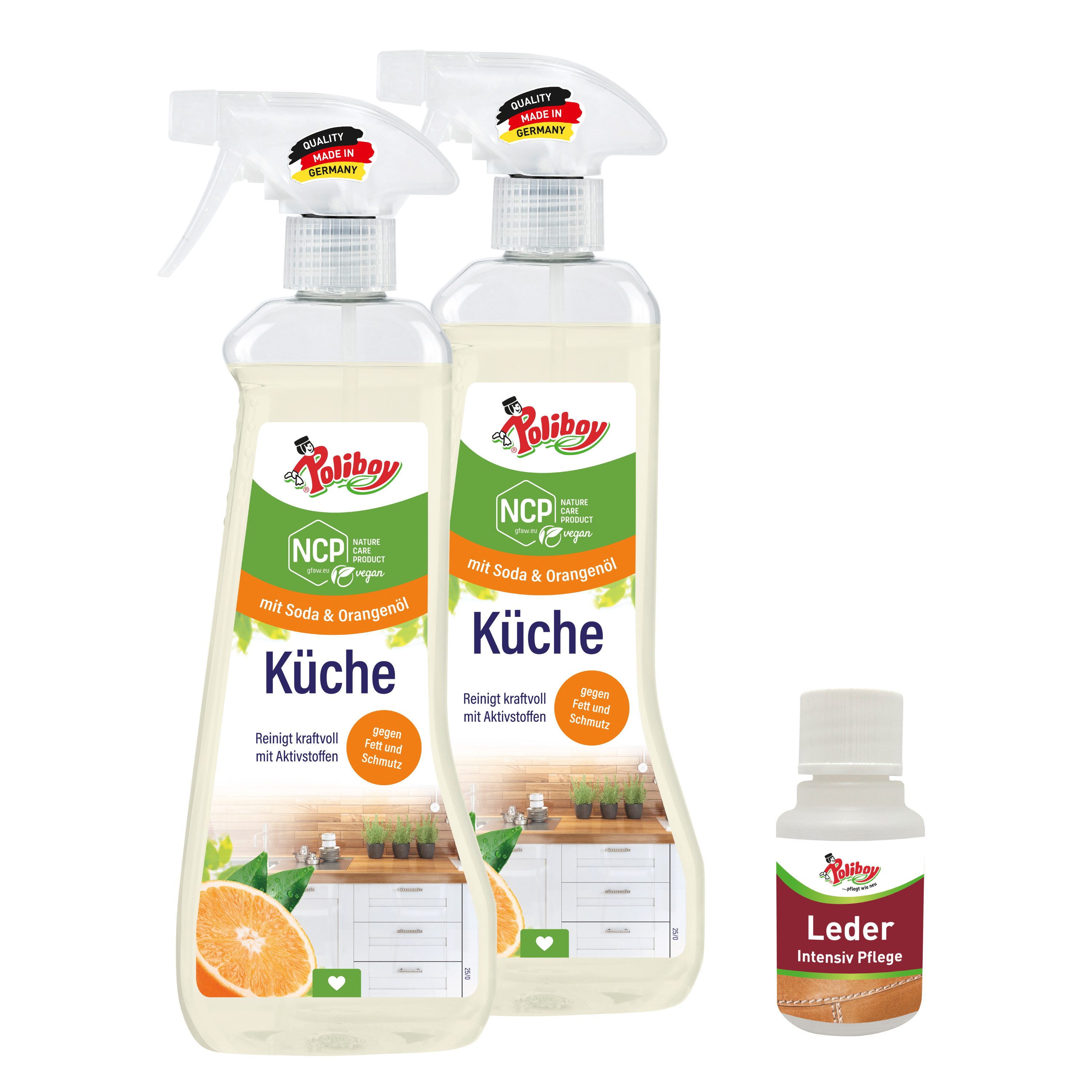 poliboy NCP Reiniger 2er Set - je 500ml - Sprühflasche - mit Leder Probe Küchenreiniger (aktive und kraftvolle Reinigung für die ganze Küche - Made in Germany)