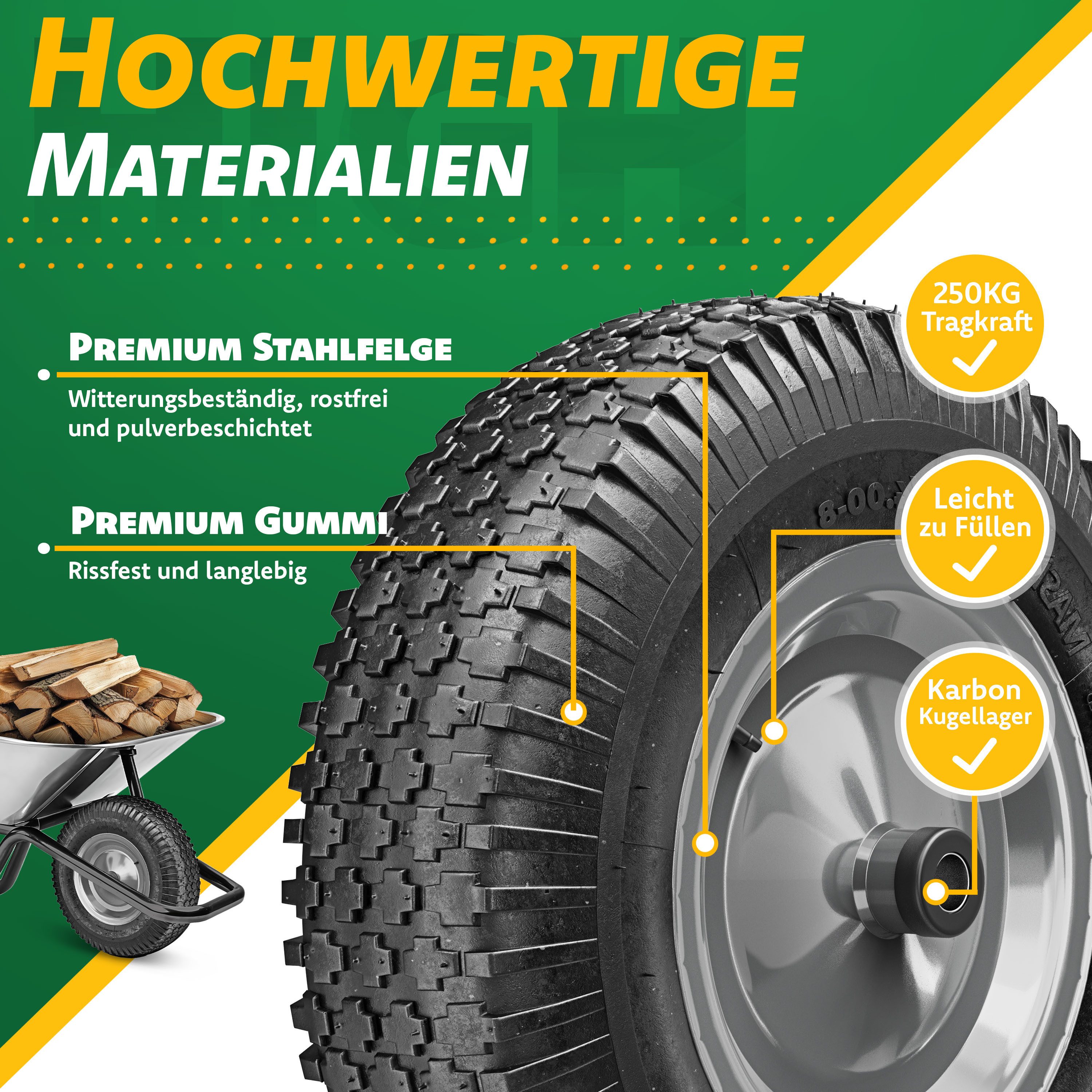 MASKO Schubkarren-Rad Air Luftbereifung 250kg Traglast (Luft-Rad mit Stahlfelge, Handschuhen & Karbonstahl-Kugellager), Ersatzrad für Schubkarre & Gartenkarre p – Bild 5 von 5