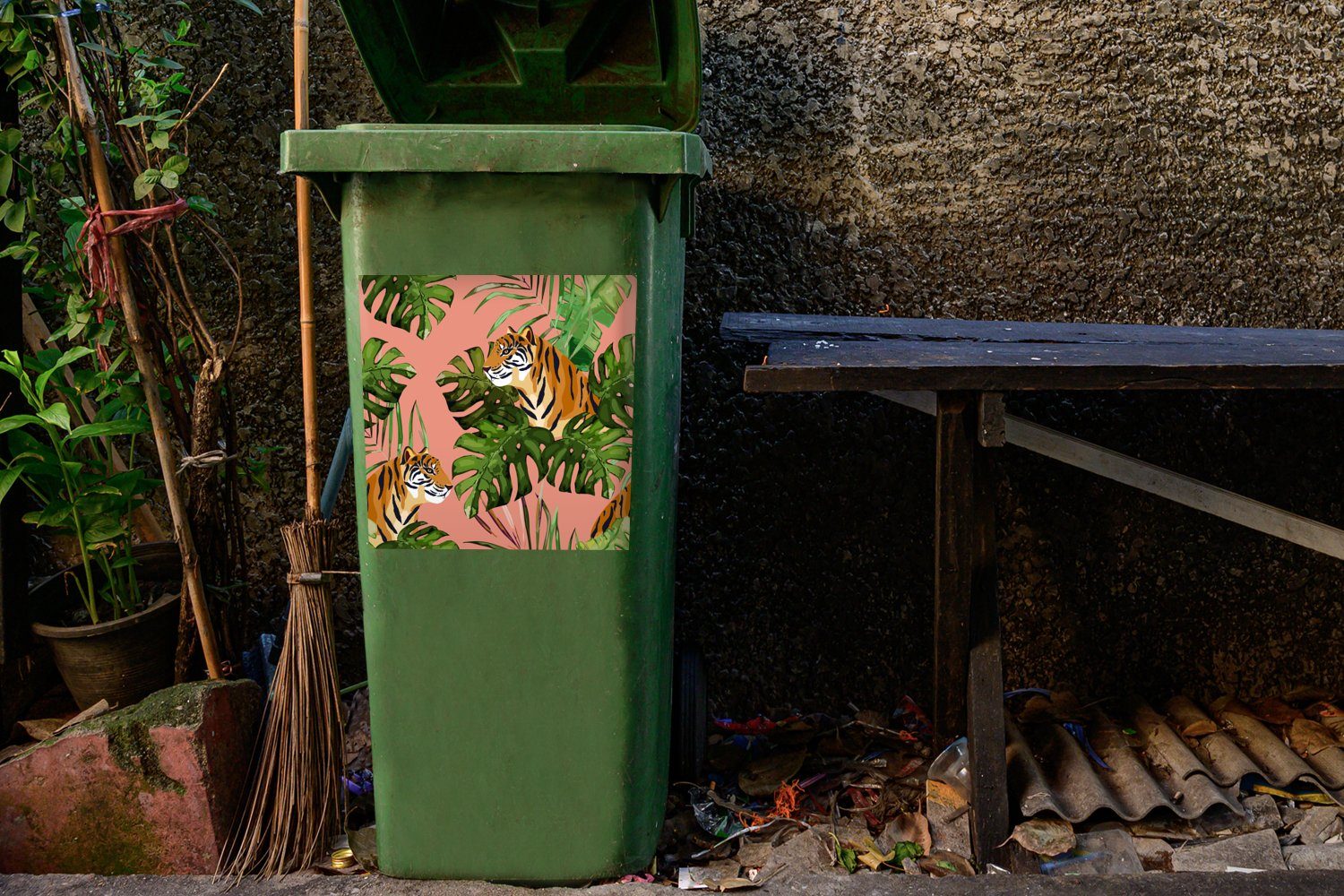 - MuchoWow Wandsticker Abfalbehälter Botanisch (1 Container, Mülleimer-aufkleber, - Monstera Sticker, Tiger Mülltonne, St),