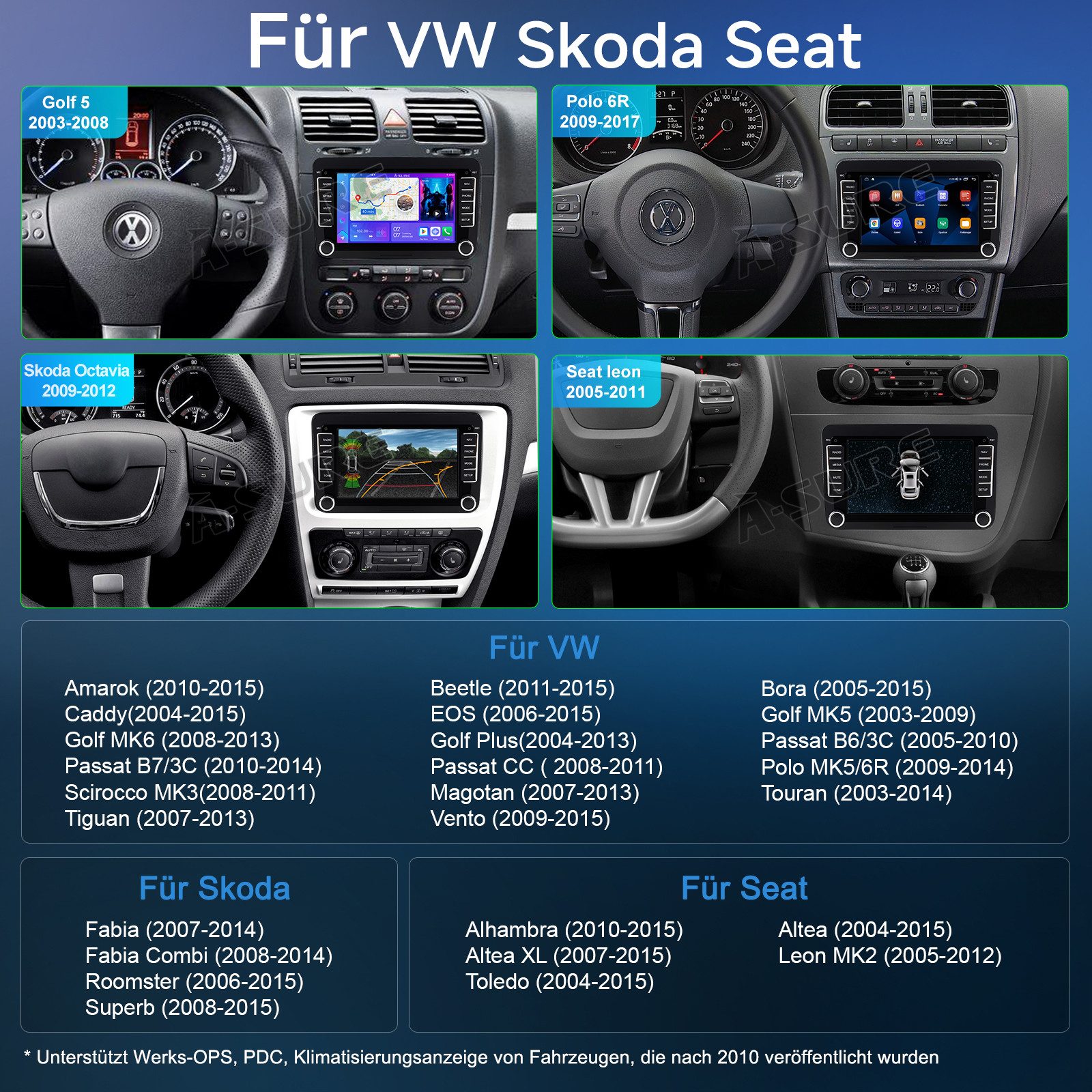 A-Sure Android 15 FM WIFI RDS CarPlay Für Seat Alhambra Altea XL Leon Toledo Autoradio (Digitalradio (DAB), Apple Carplay, GPS, Siri, Mirrorlink, Google play, Netflix, Youtube, Calendar, TikTok)