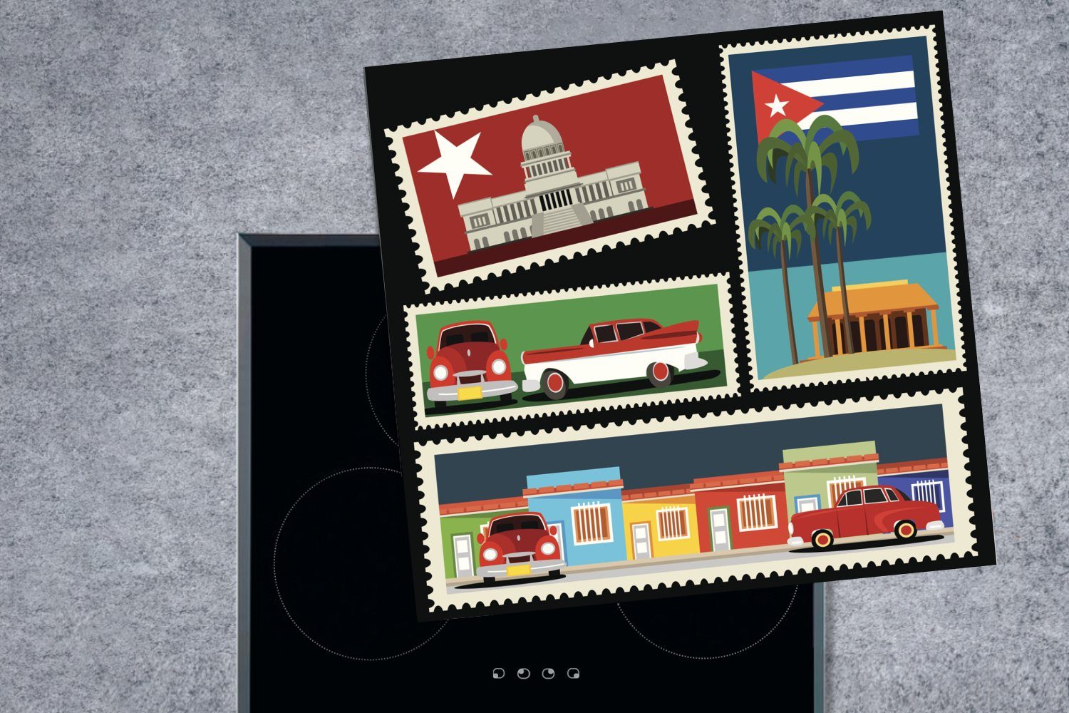MuchoWow Herdblende-/Abdeckplatte Fünf 78x78 Ceranfeldabdeckung, kubanische (1 cm, Briefmarken einer Arbeitsplatte in Illustration, Vinyl, tlg), küche für