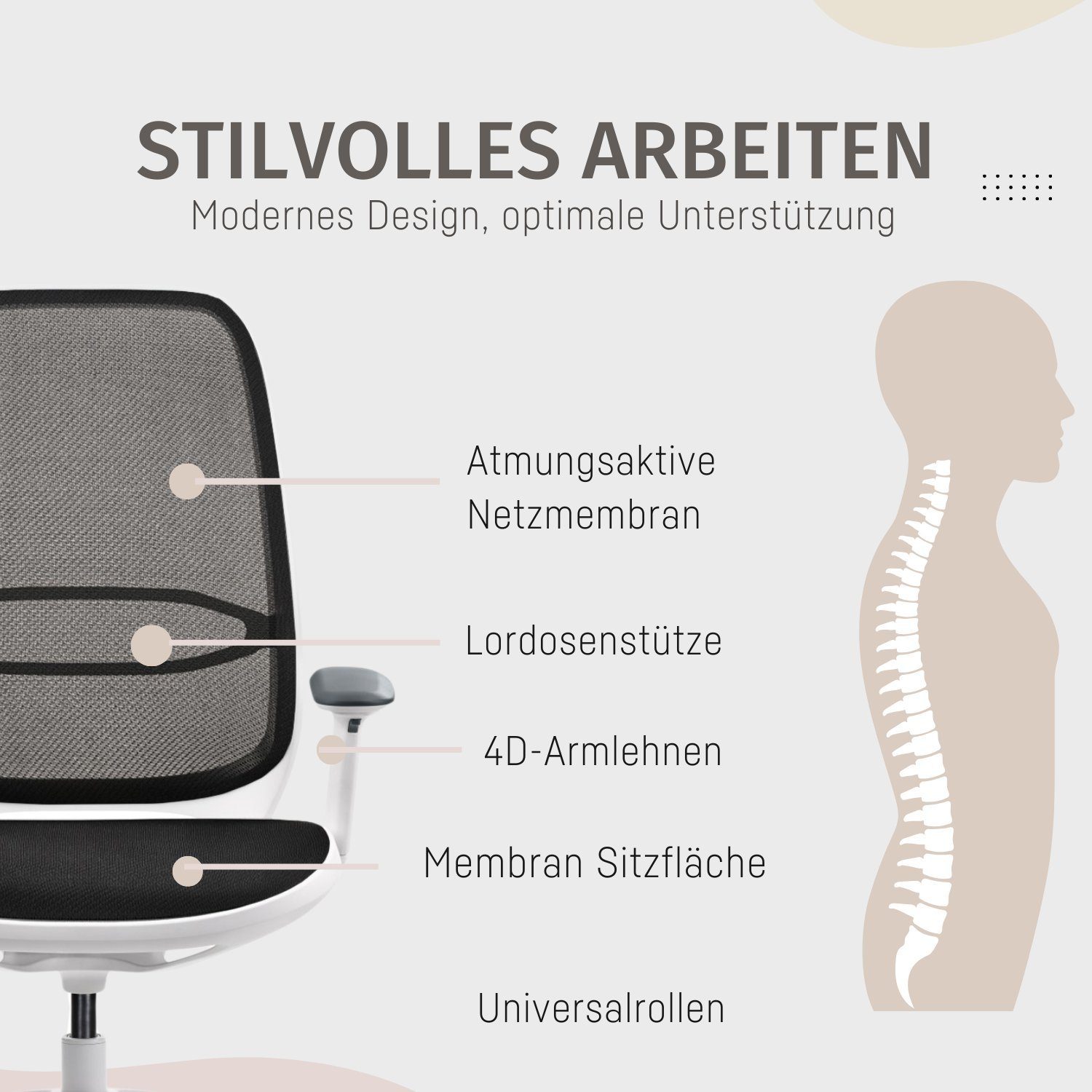 Drehstuhl und | weiß se:air: mit (automatischer Bürostuhl Mulitfunktionsarmlehnen, Zeitloses Gewichtsanpassung Netzmembran filigranes schwarz aus Design) und sedus Lordosenstütze,