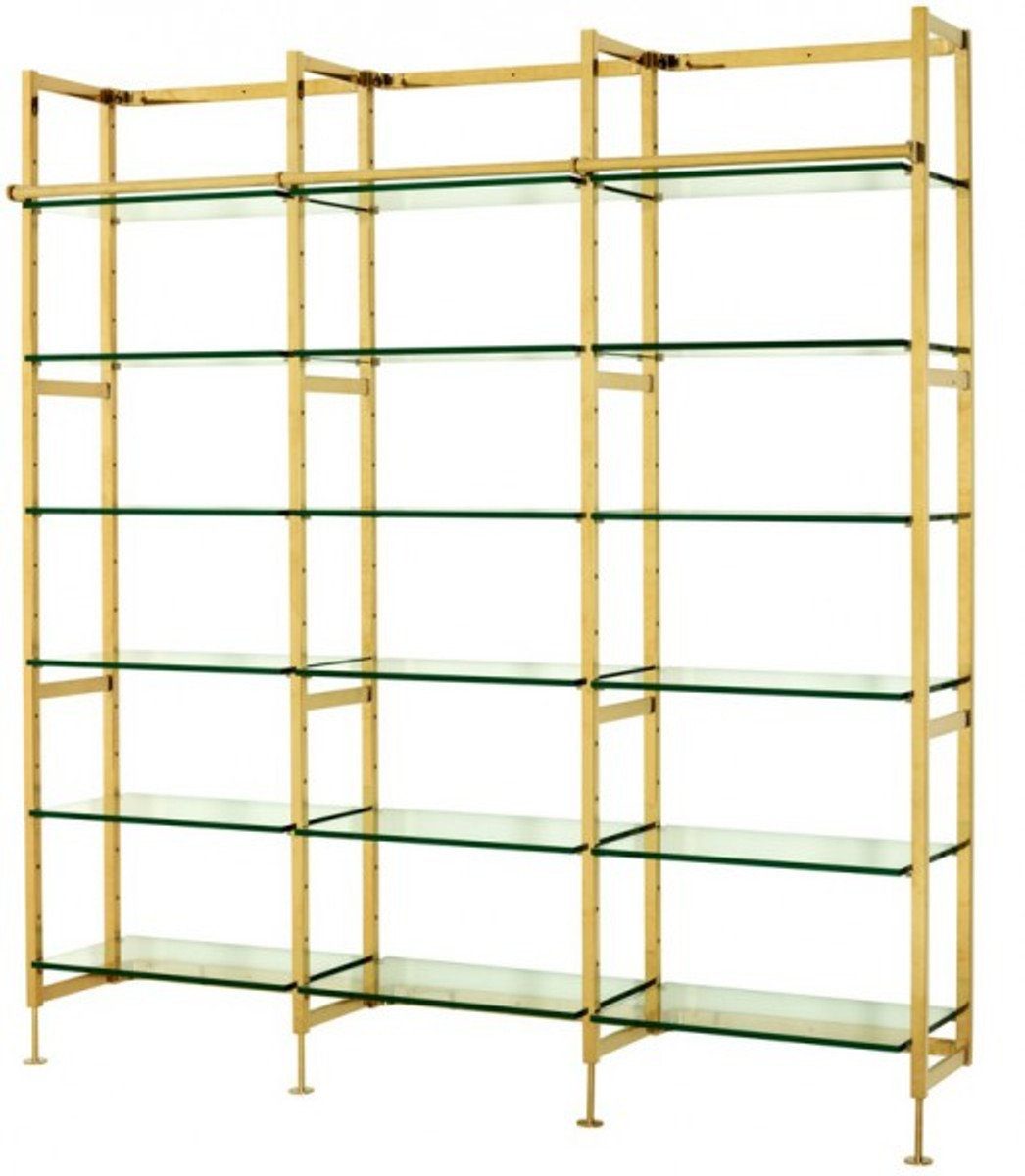 Casa Padrino Stauraumschrank Luxus Regal Schrank Edelstahl Gold mit Glasböden B 223 x H 245 cm Bücherregal Regal Schrank - Art Deco Möbel